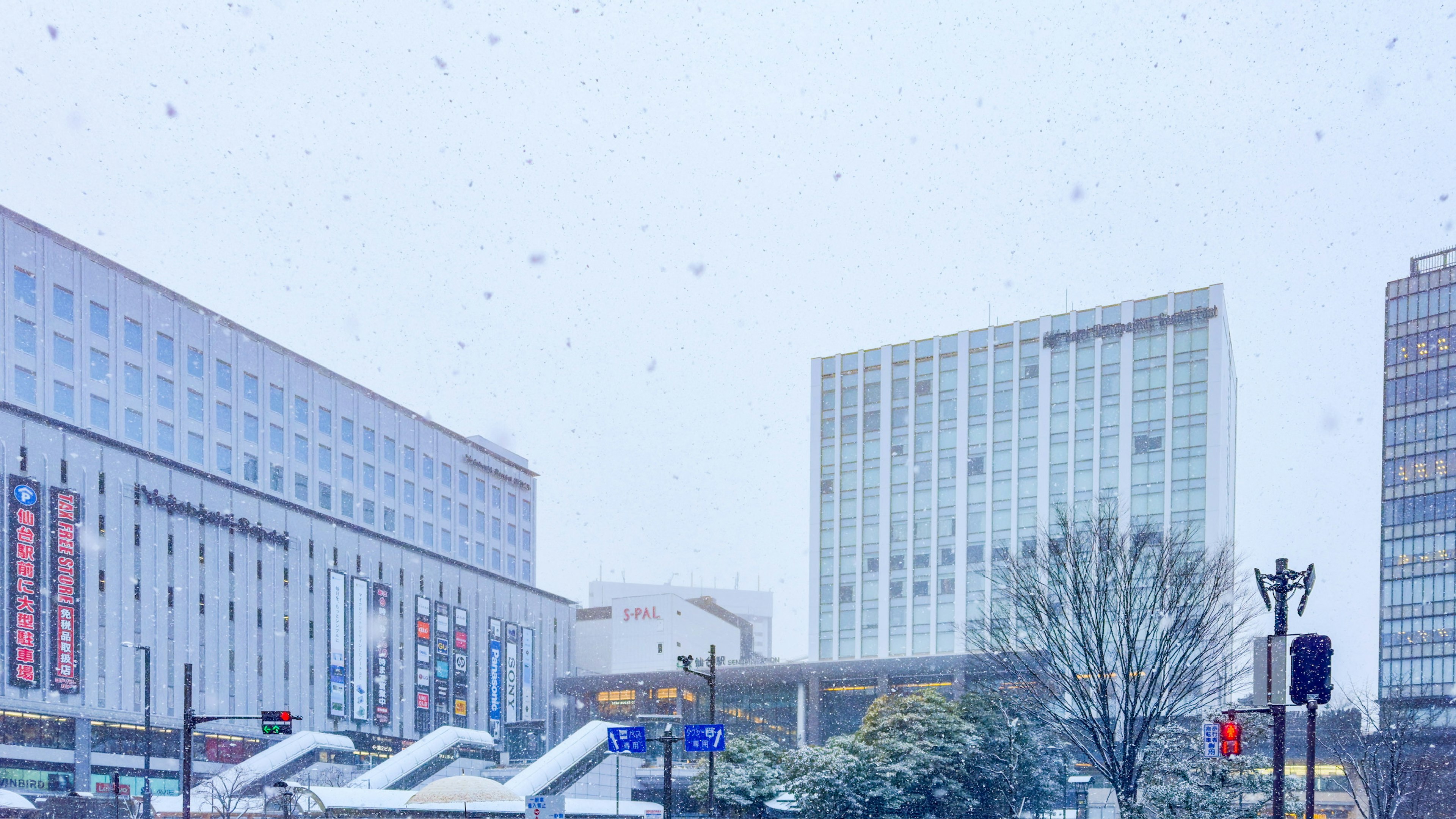 城市風景，現代建築與商業空間在降雪中