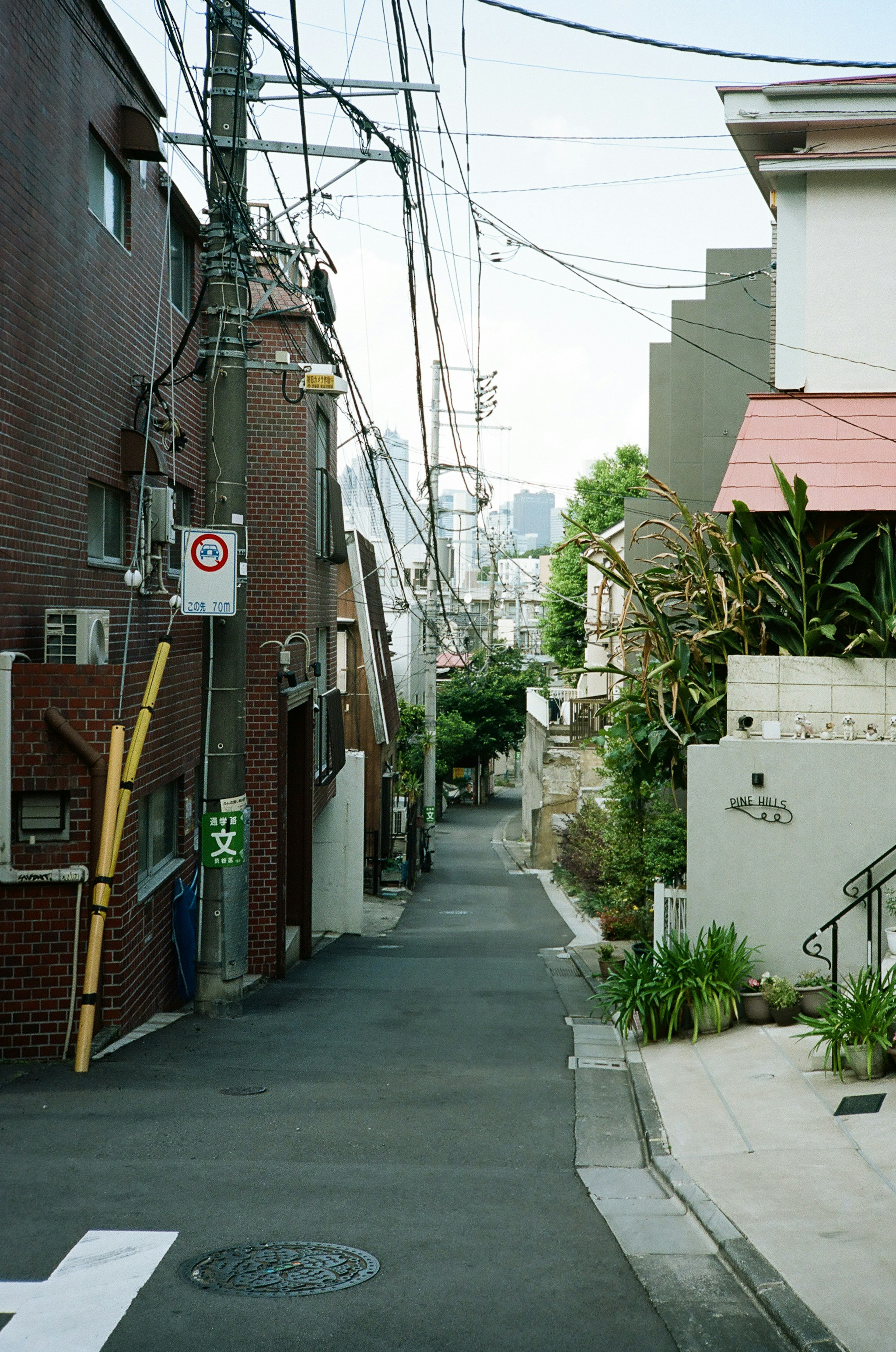 Narrow alleyway with residential buildings and overhead power lines