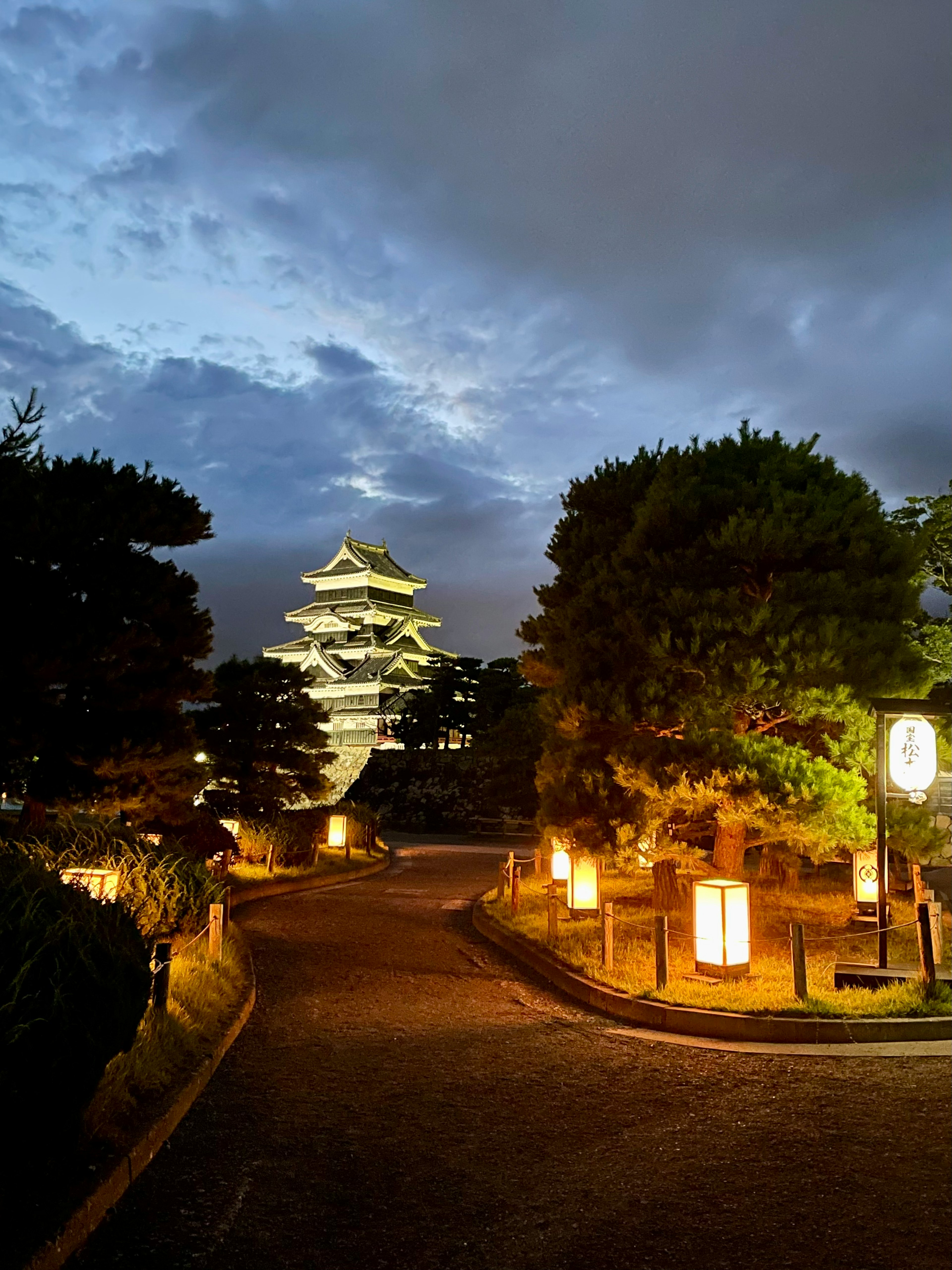 Malersicher Weg in einem Park mit einer schönen japanischen Pagode, die nachts beleuchtet ist