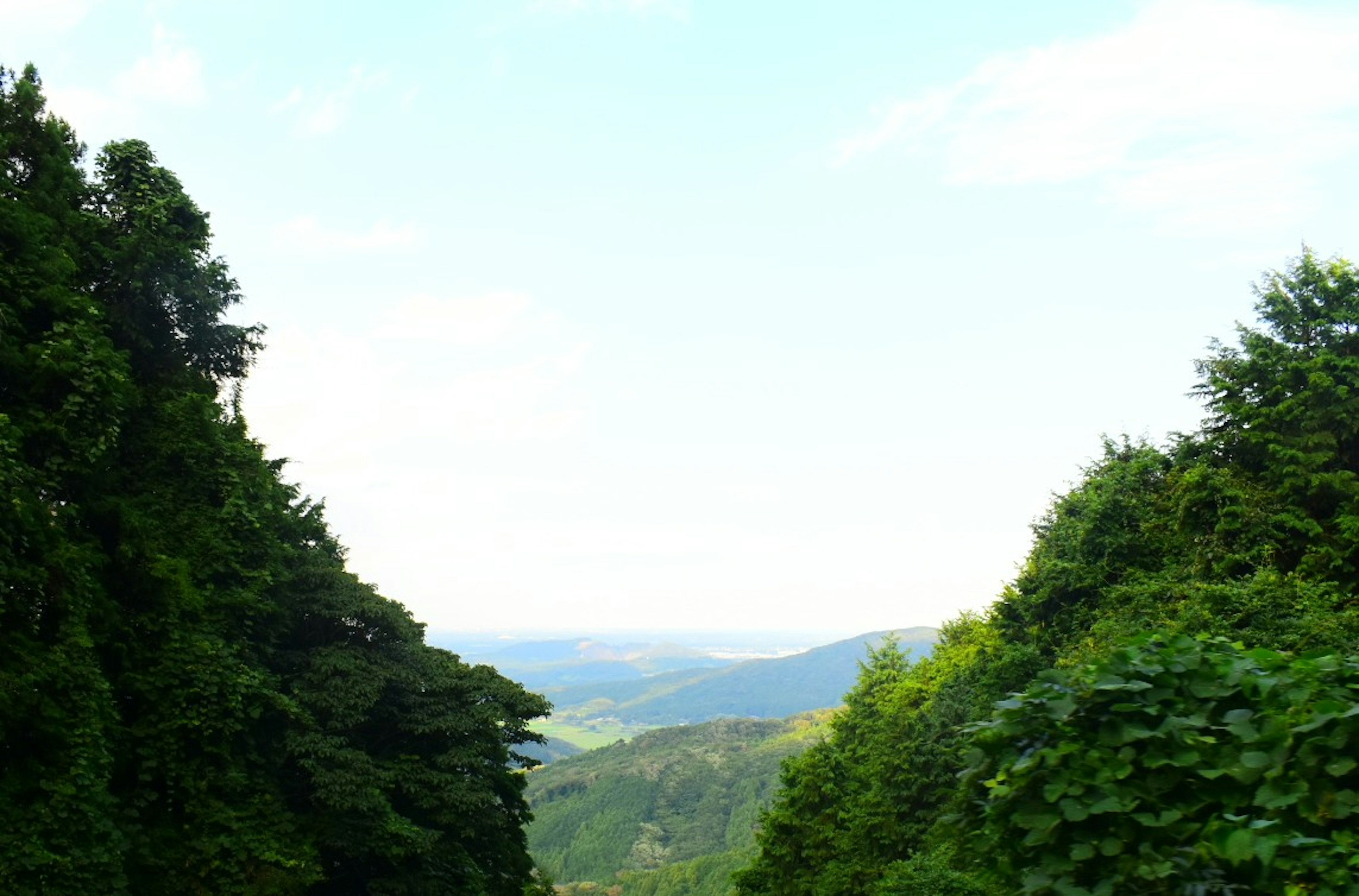 Üppige grüne Berglandschaft mit weitem blauen Himmel