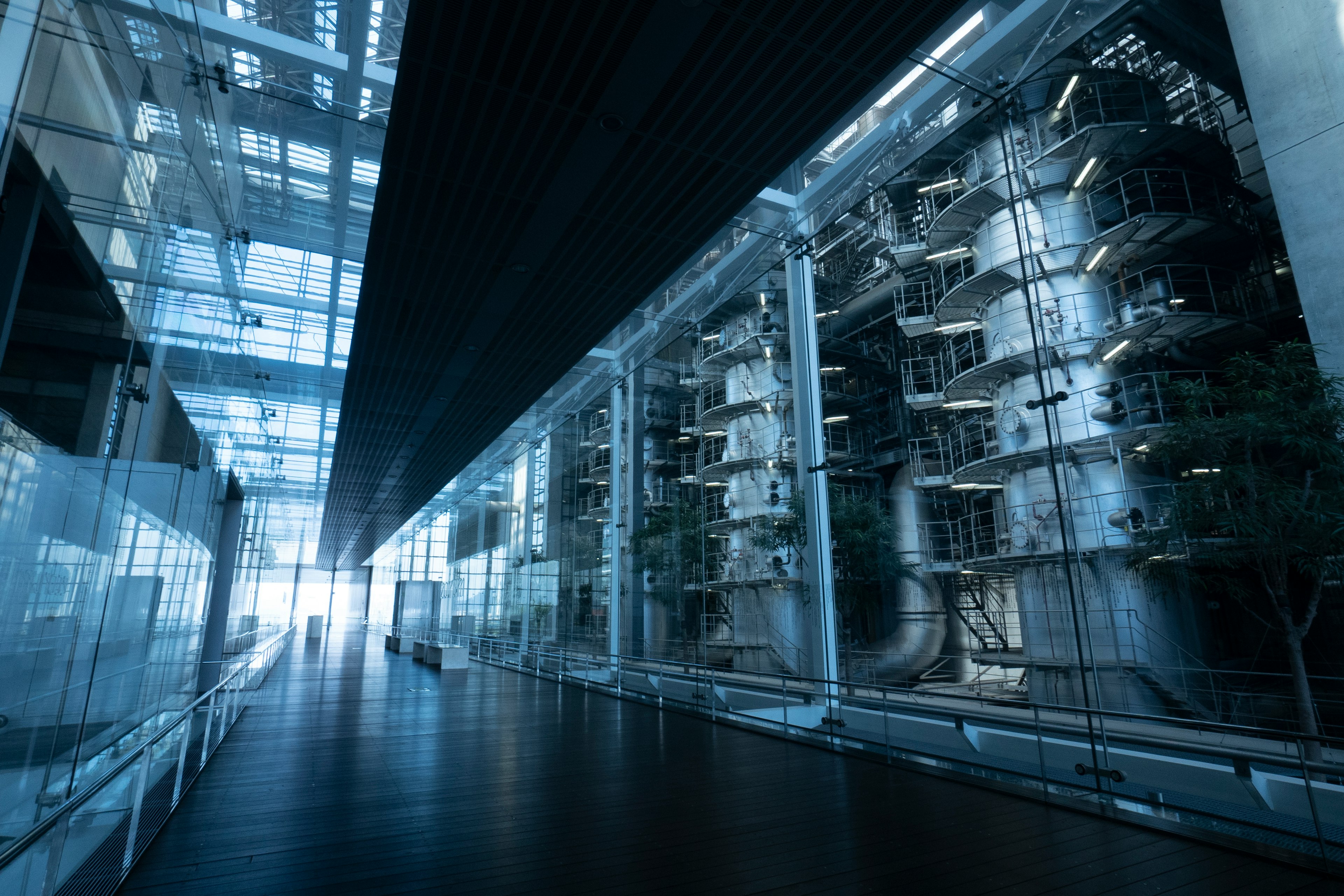 Interior of a modern building featuring glass and metal design elements