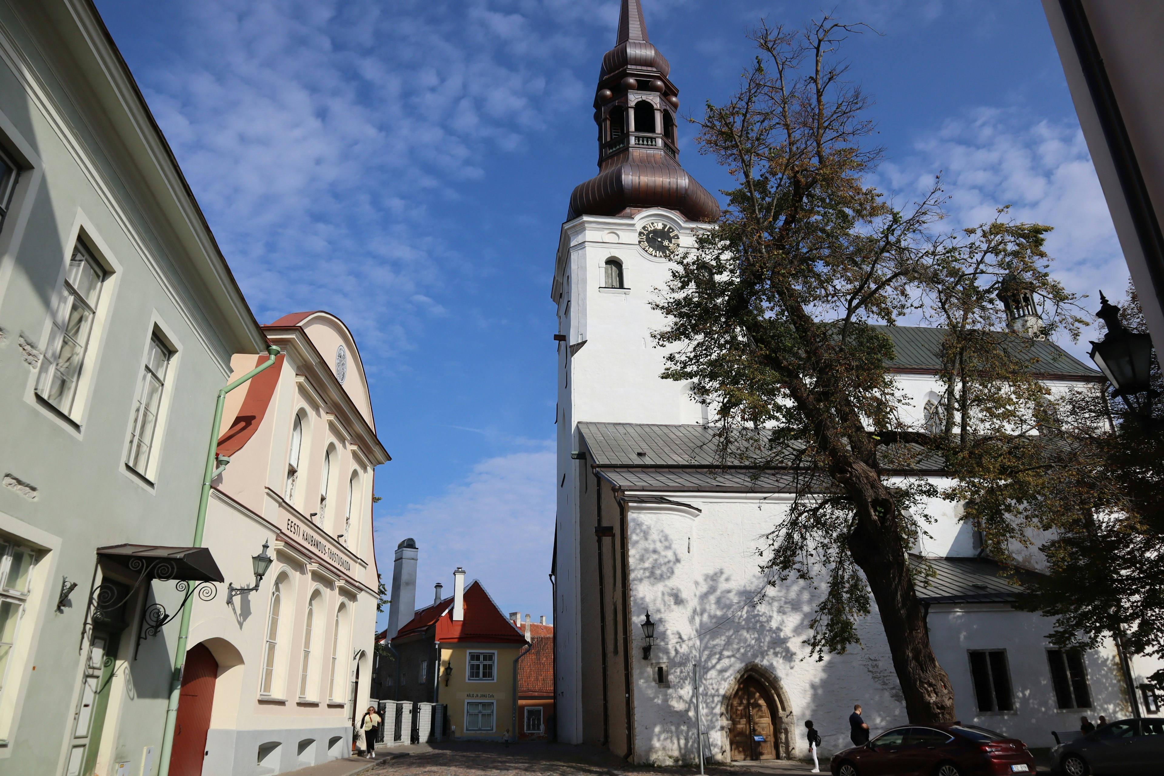 Blick auf eine weiße Kirche mit hohem Turm vor blauem Himmel mit alten Gebäuden und Bäumen