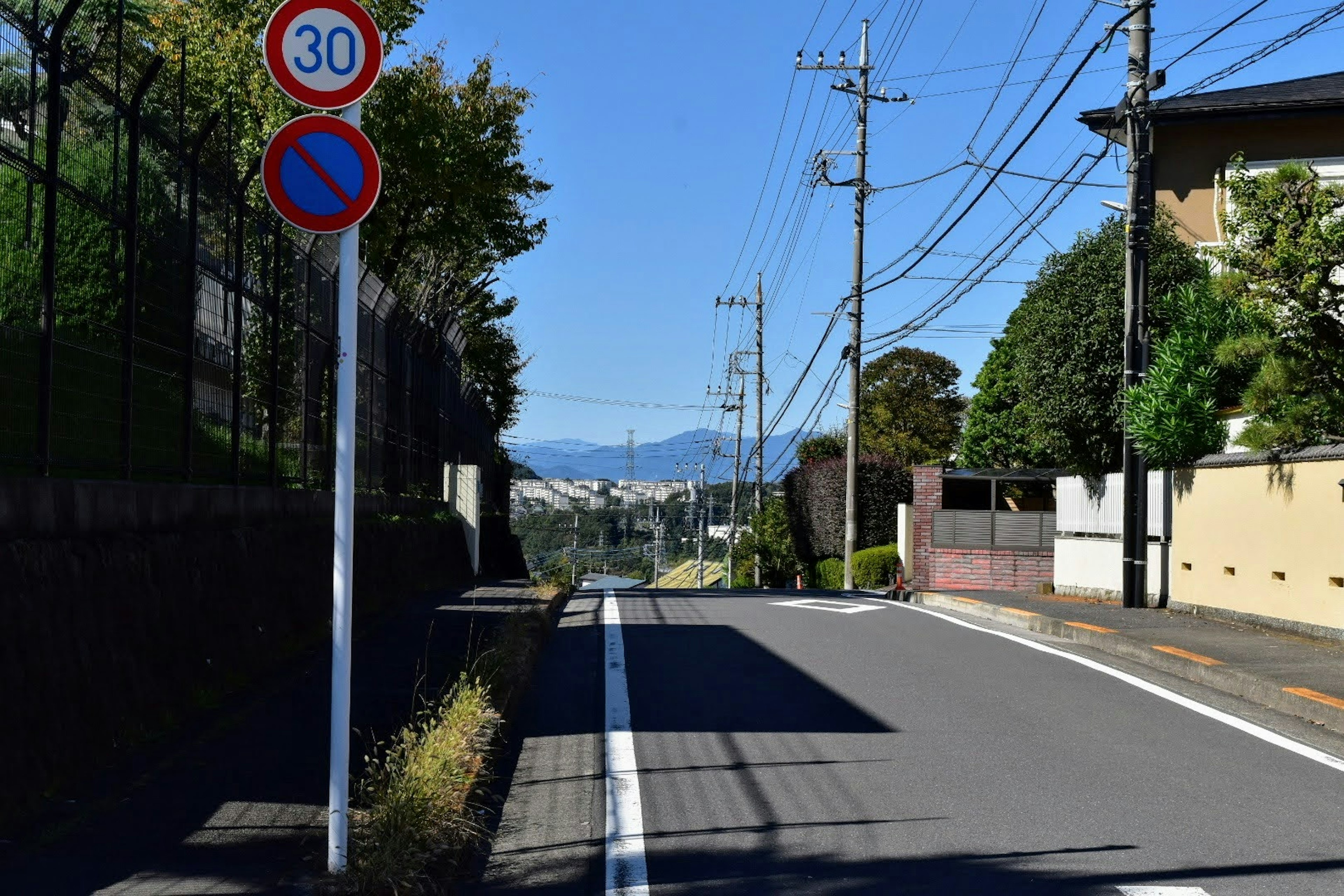 조용한 주택가 도로와 30km 속도 제한 표지판 및 먼 산들