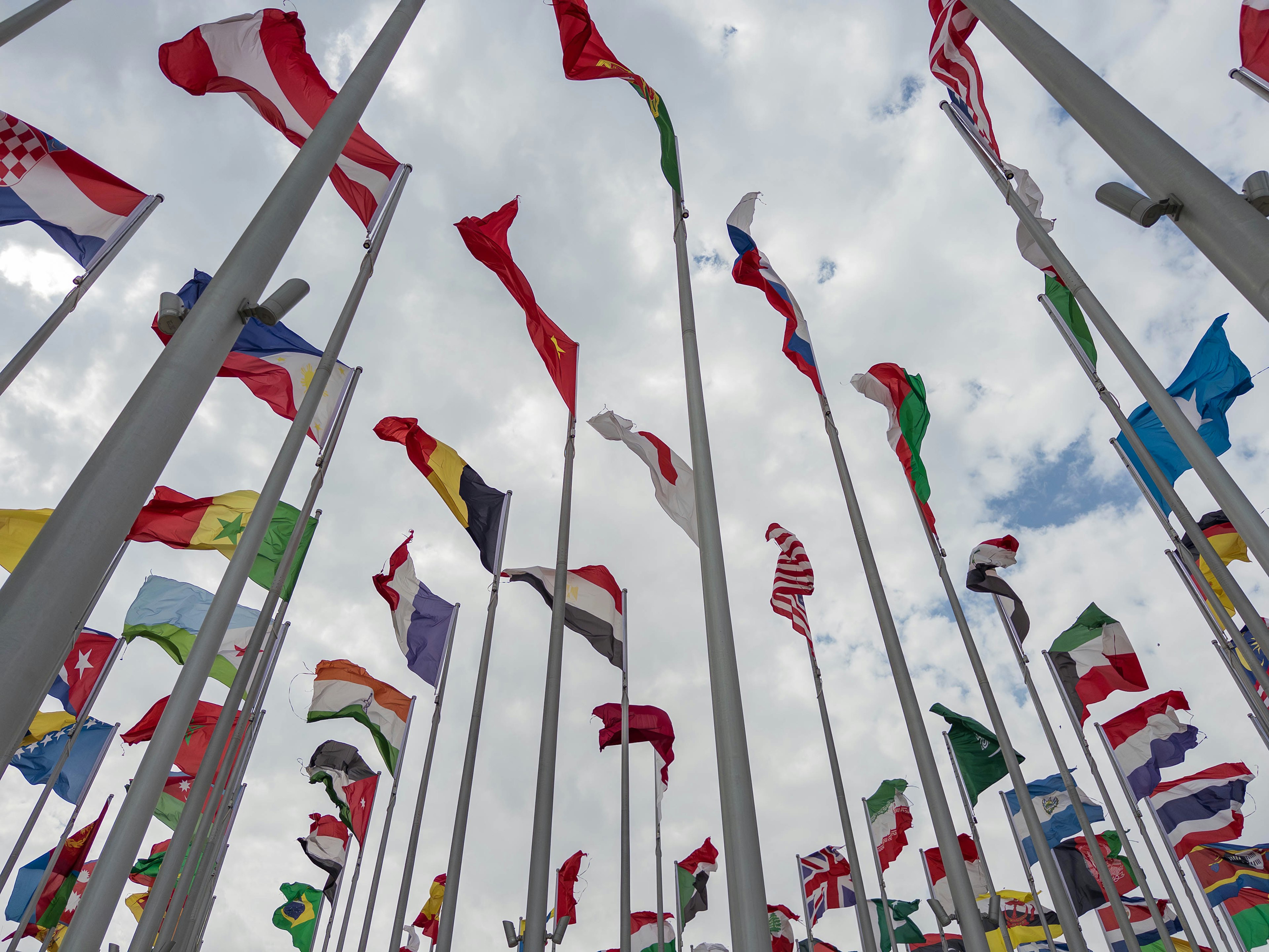 Vista de múltiples banderas nacionales ondeando bajo un cielo nublado