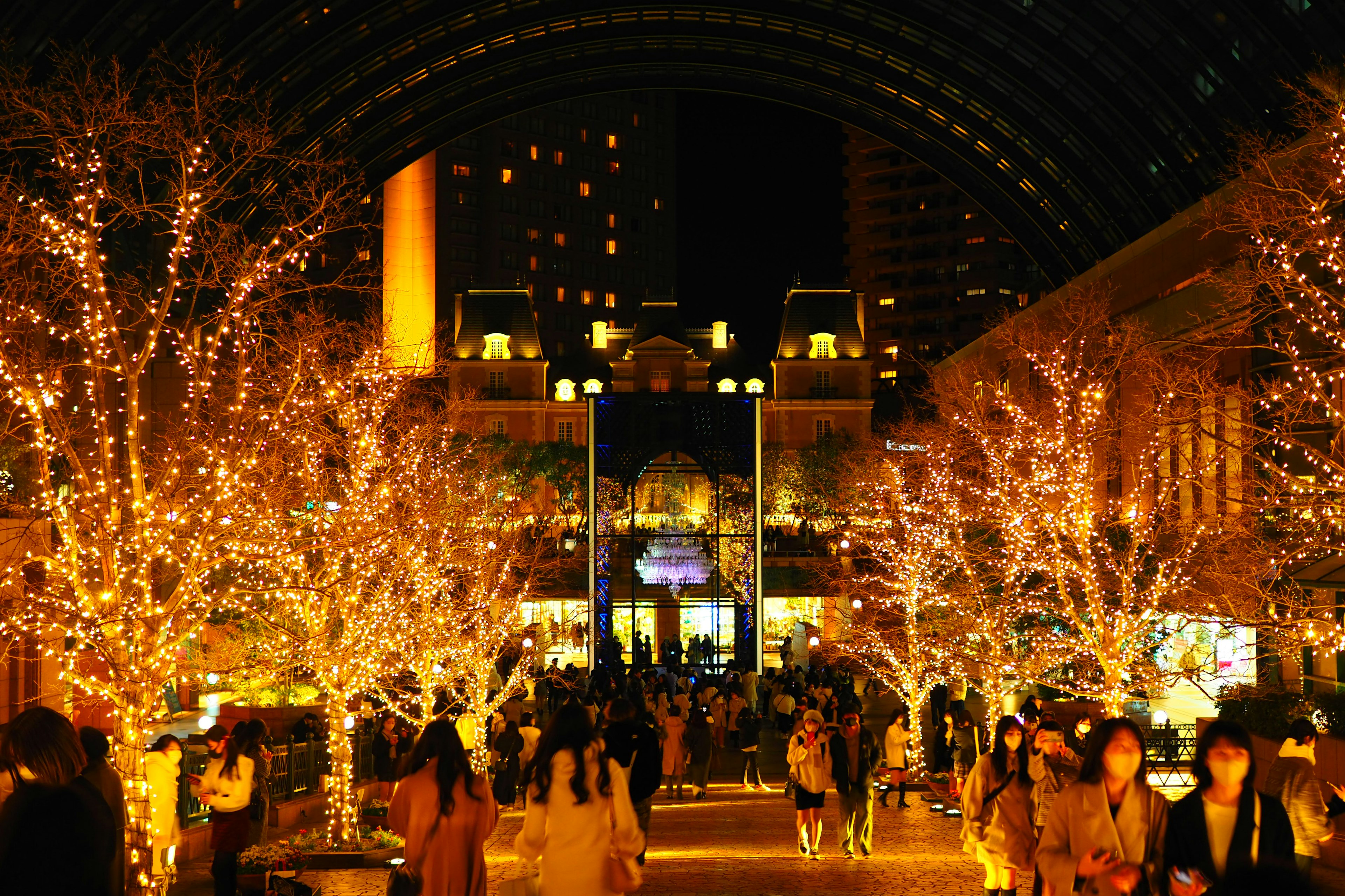 A vibrant night scene with illuminated trees and bustling crowds