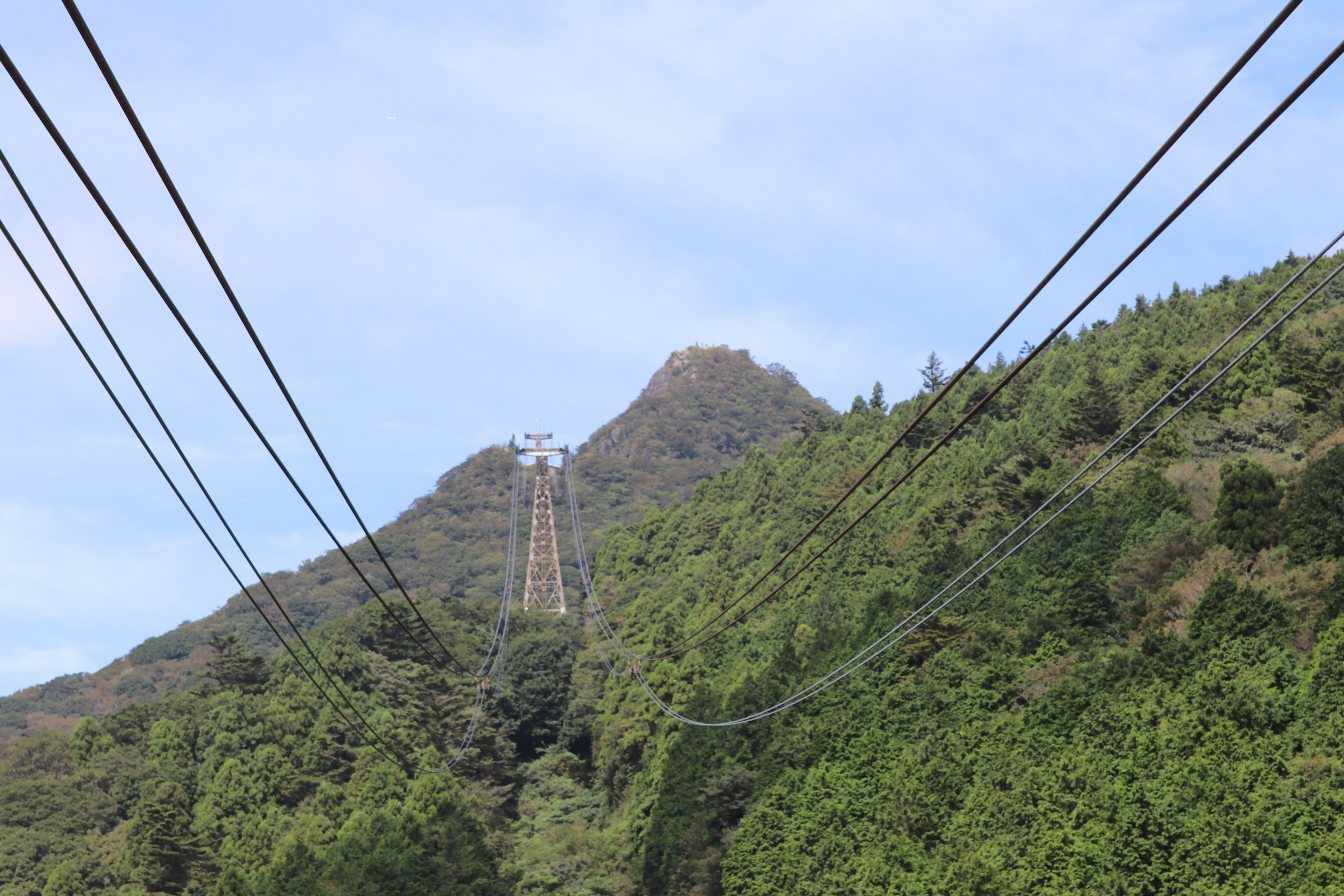 Panoramablick auf eine Seilbahn, die einen Berg mit üppigem Grün hinauffährt