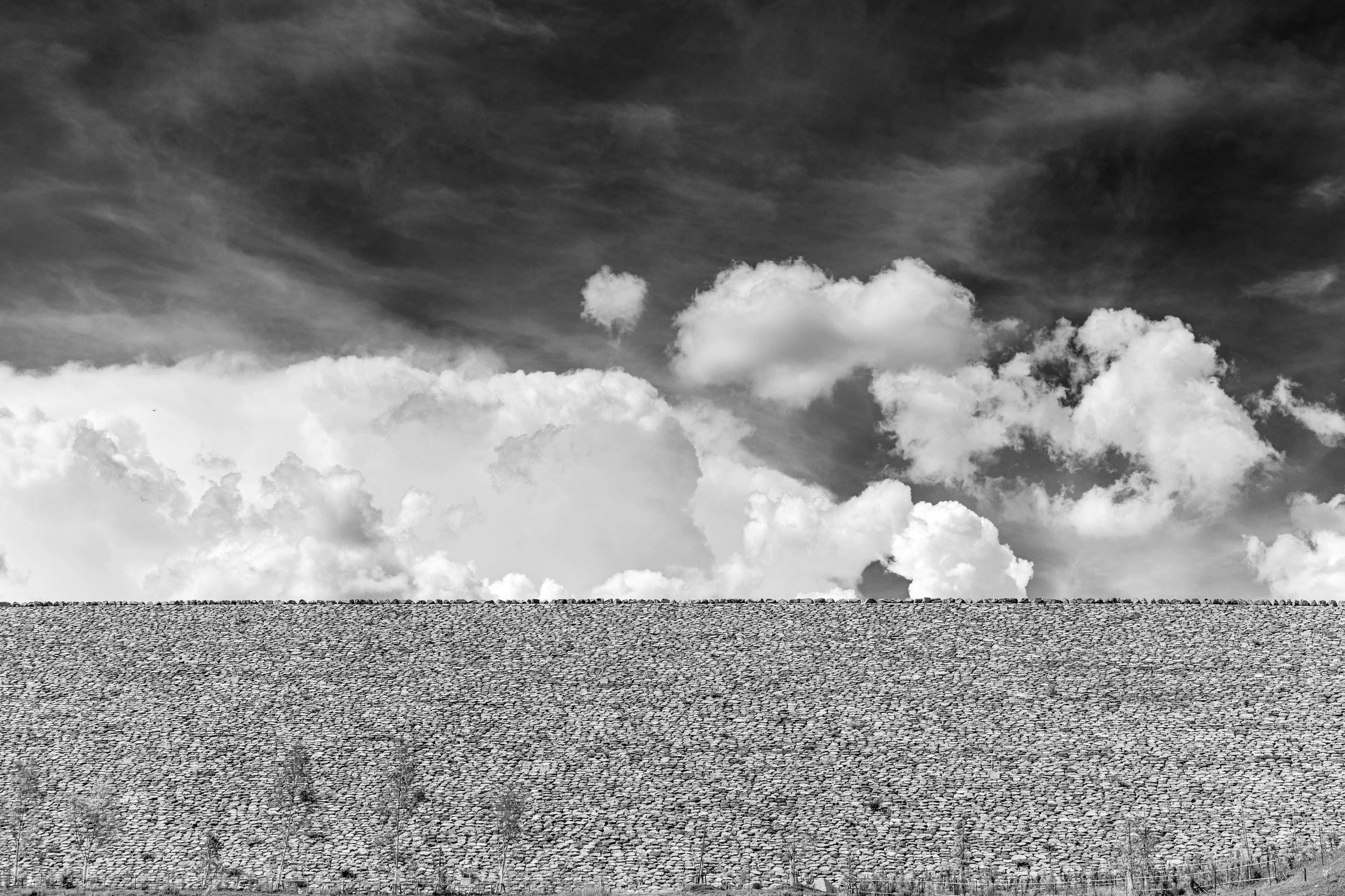 Foto paesaggistica in bianco e nero con un campo vasto e nuvole drammatiche