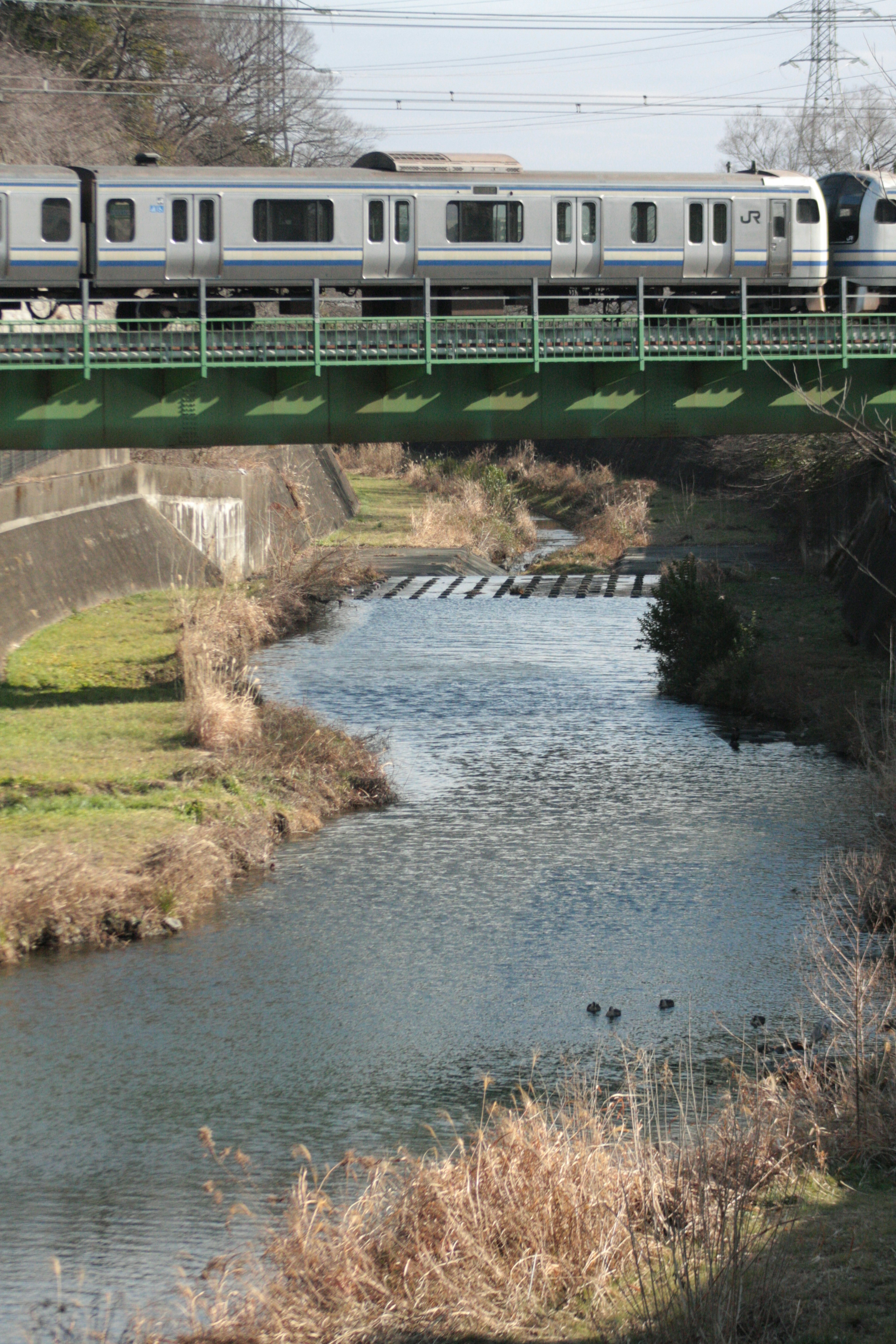 รถไฟสีขาวที่วิ่งข้ามสะพานสีเขียวเหนือแม่น้ำที่มีธรรมชาติรอบข้าง