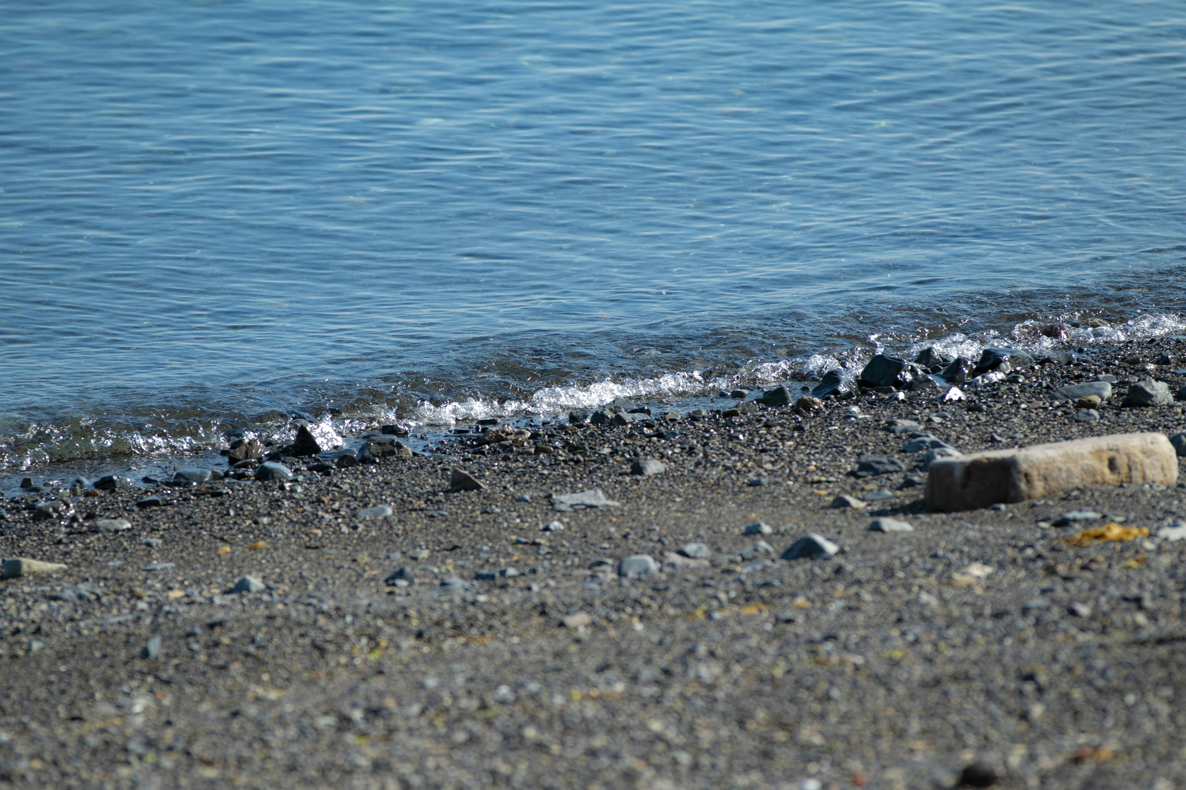 Rivage avec des vagues douces et des galets au bord de l'eau