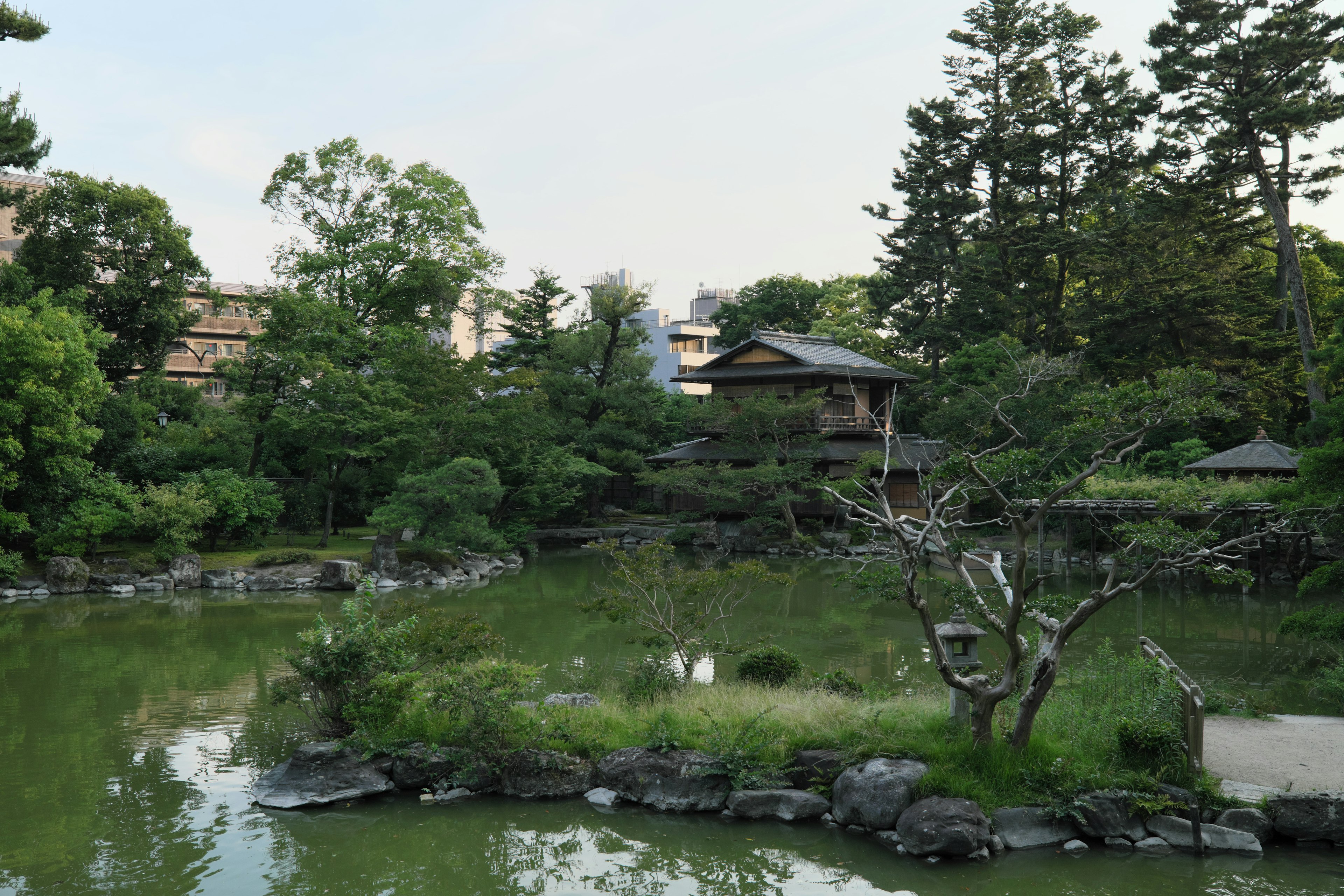 静かな池を囲む緑豊かな庭園と古風な建物