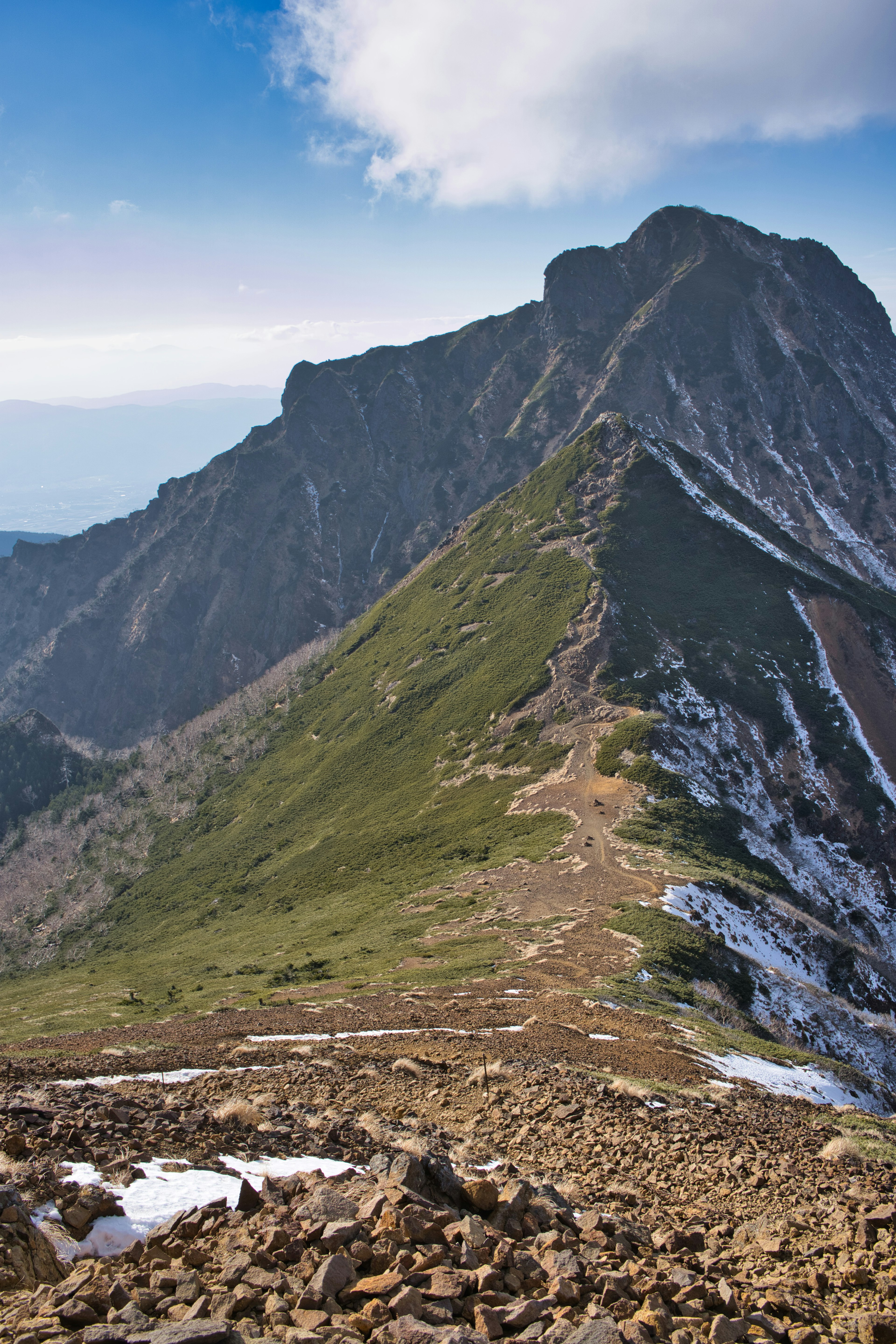 Vue depuis le sommet de la montagne pentes vertes et chemin rocheux sous un ciel bleu avec des nuages