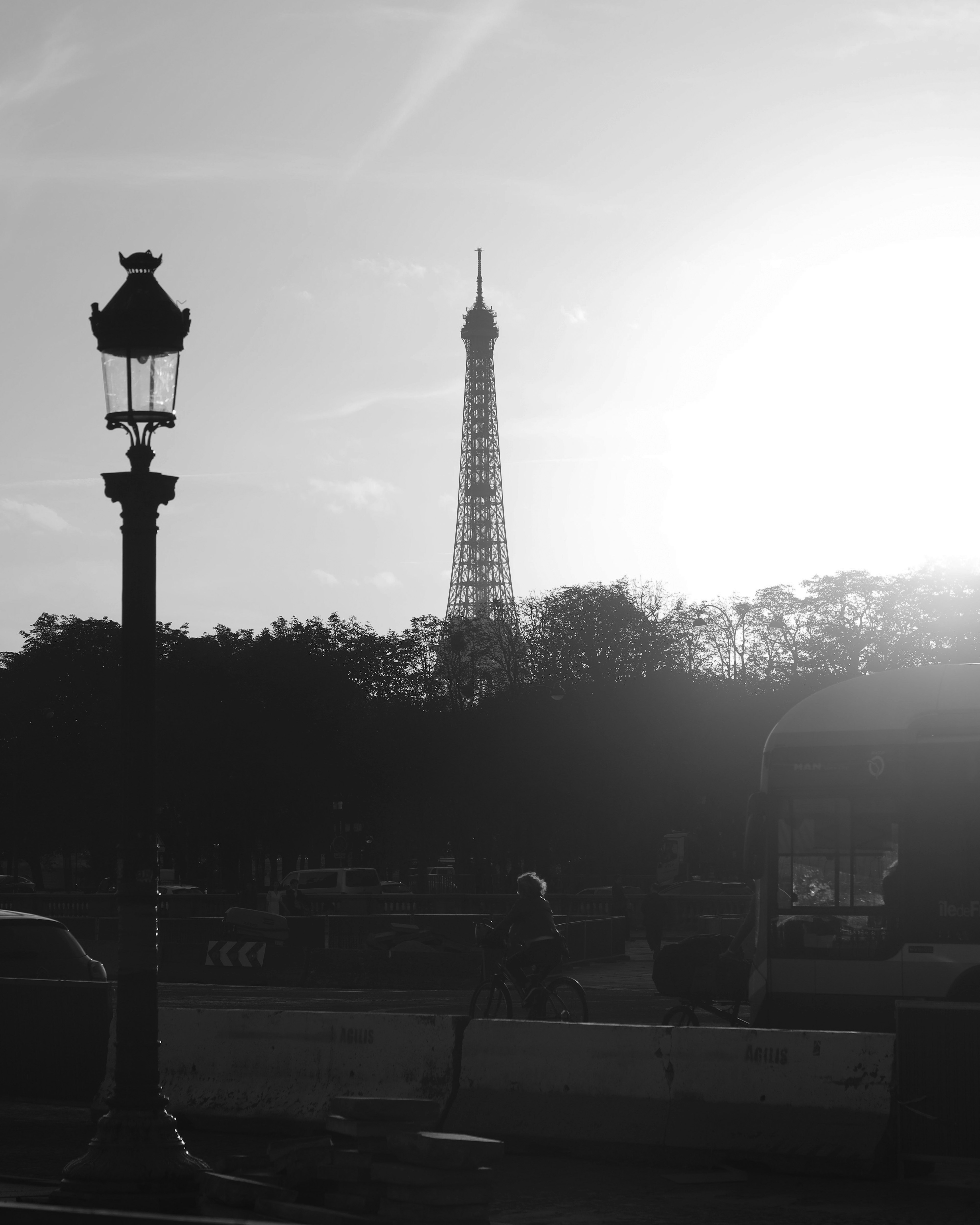 Black and white view featuring the Eiffel Tower in the background with a street lamp in the foreground