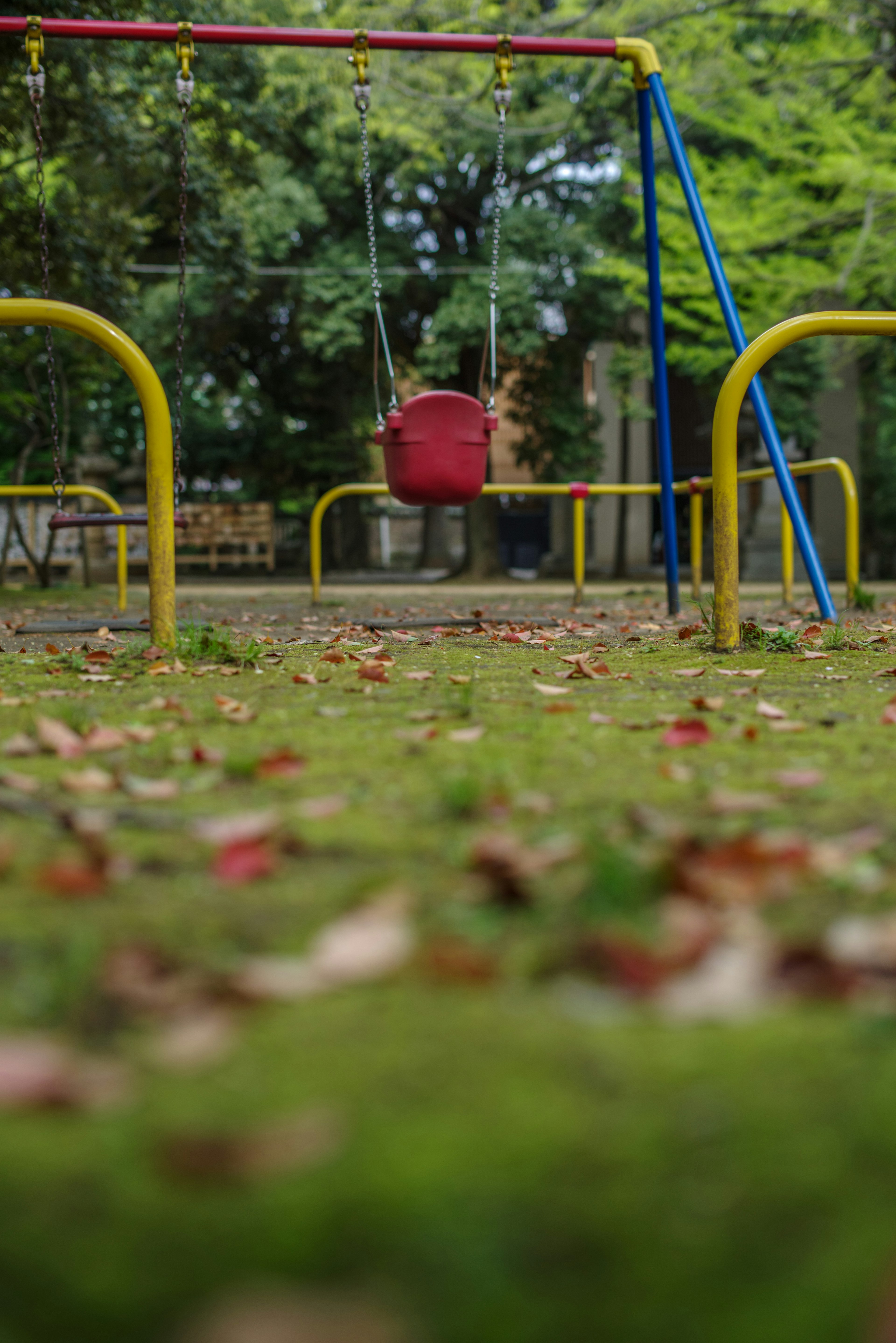 Columpio vacío en un parque rodeado de hojas caídas