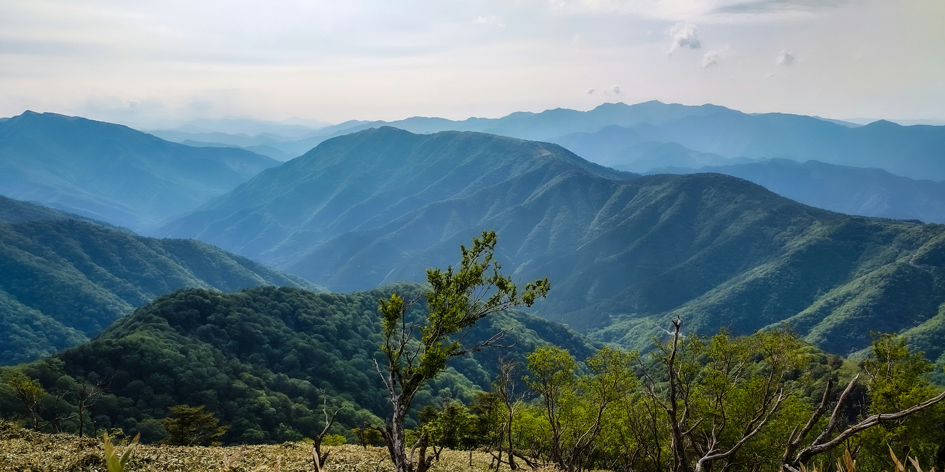 Panoramablick auf grüne Berge unter einem blauen Himmel