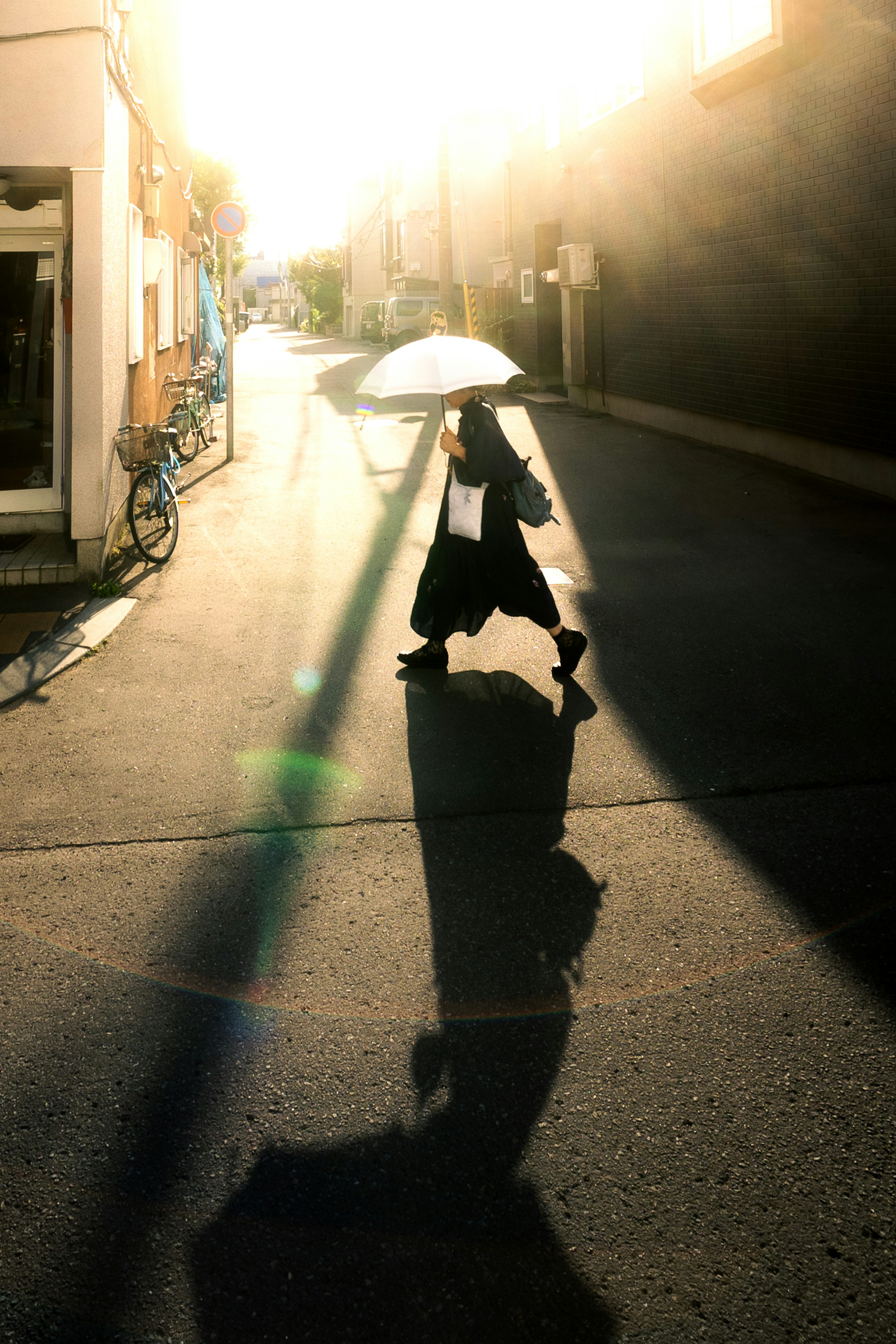 A person walking with an umbrella casting a long shadow in a sunlit street