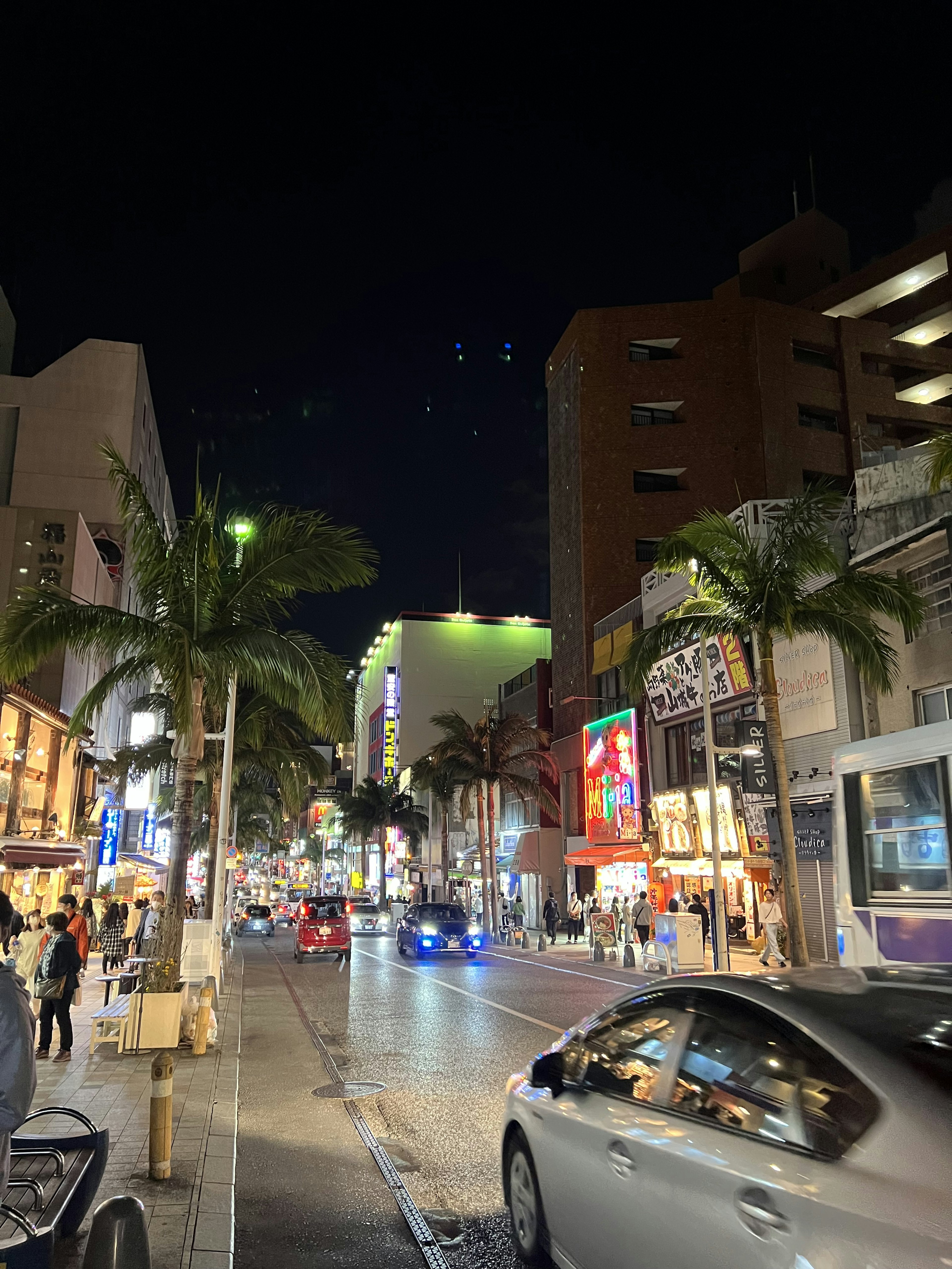 Escena nocturna de una calle con palmeras y edificios iluminados