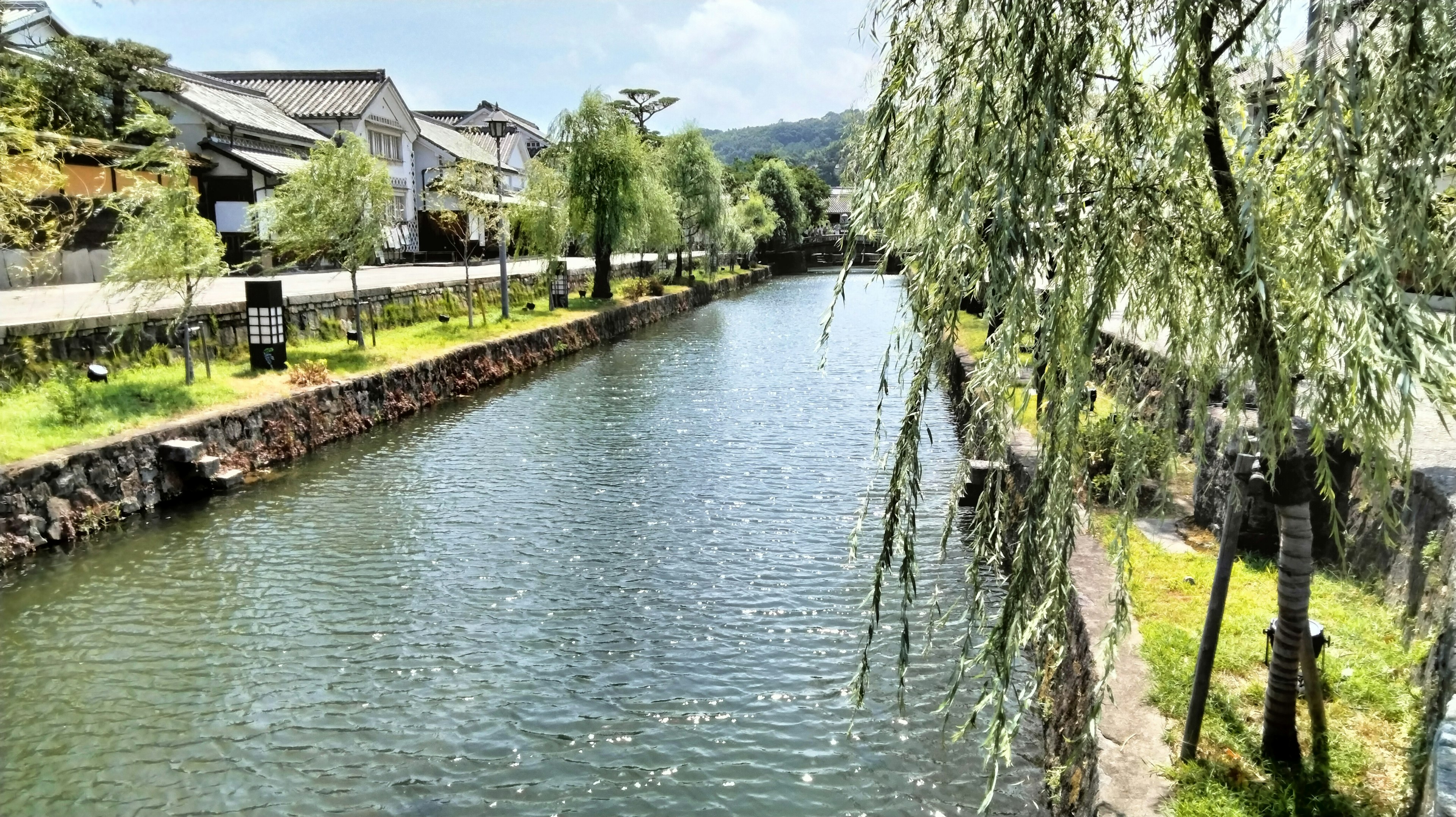 Sungai tenang dengan pohon willow di tepi jalan bangunan tua di sepanjang jalan yang tenang