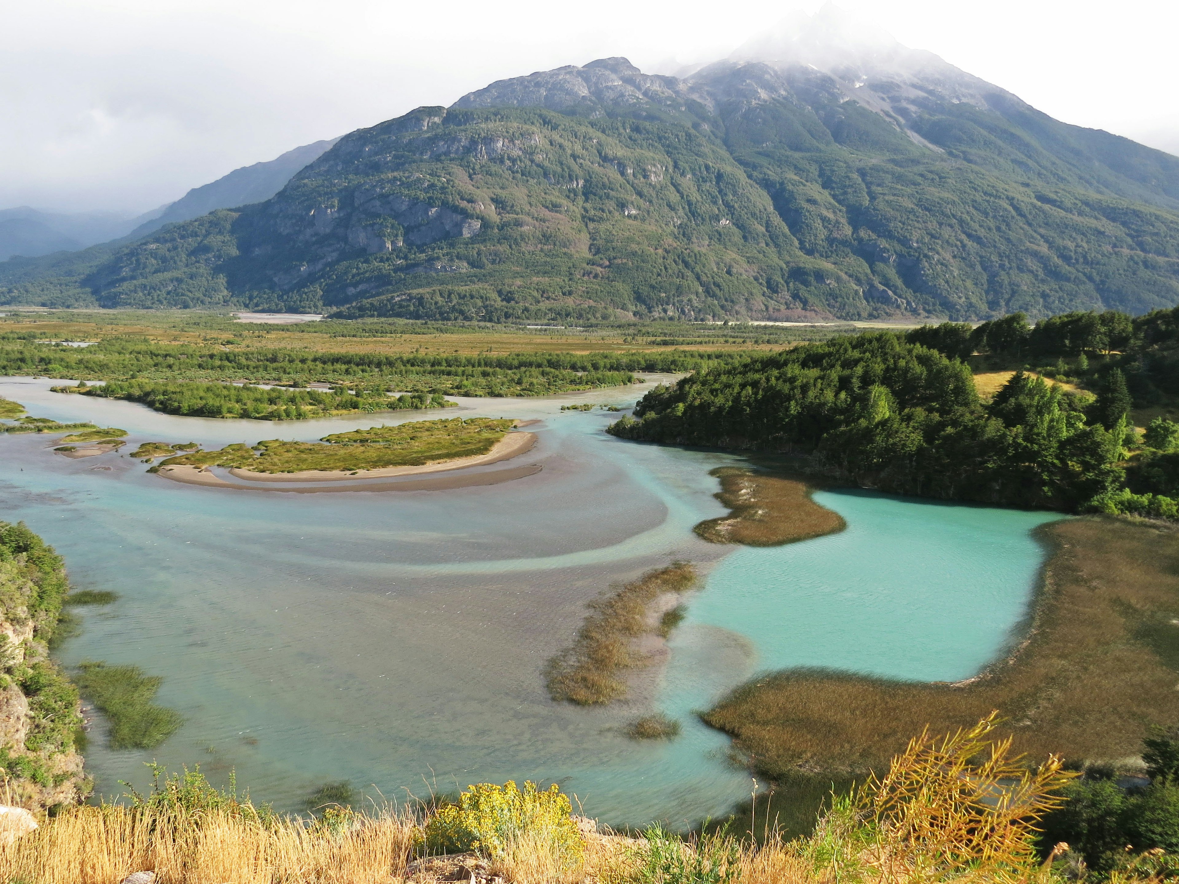 Scenic view of a river and mountains featuring green and blue water areas