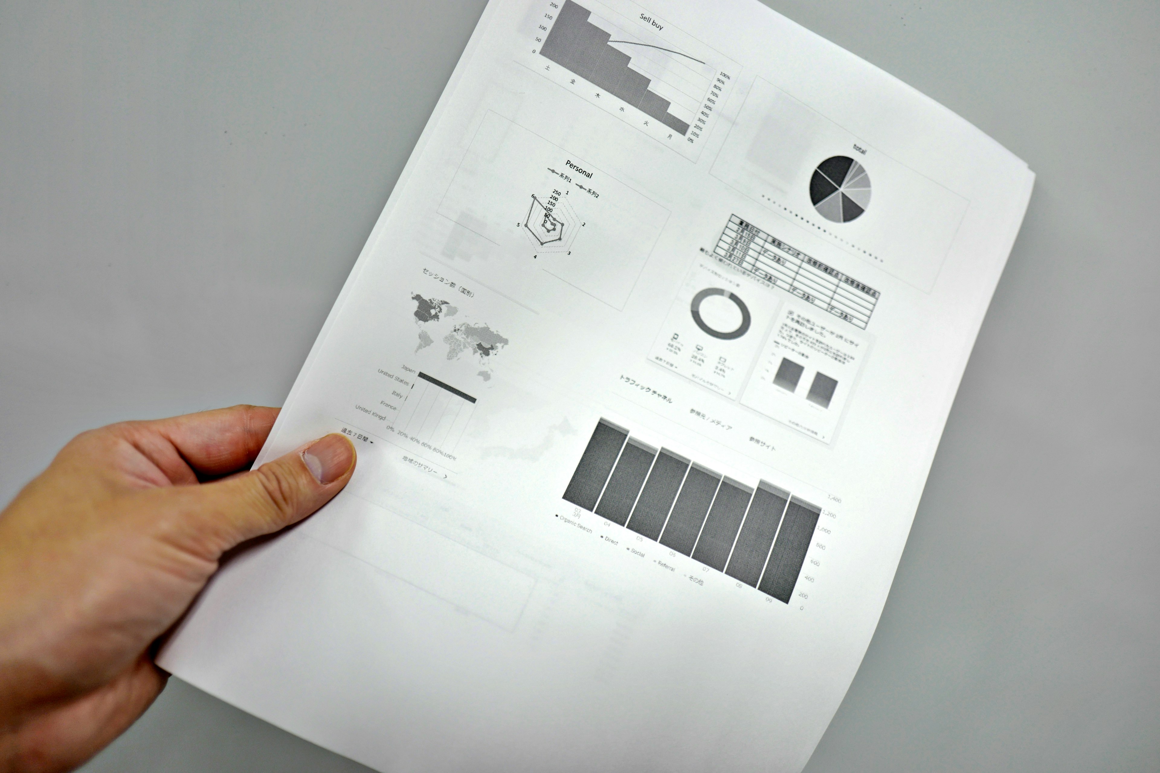 Una mano sosteniendo una hoja blanca con varios gráficos y diagramas de análisis de datos