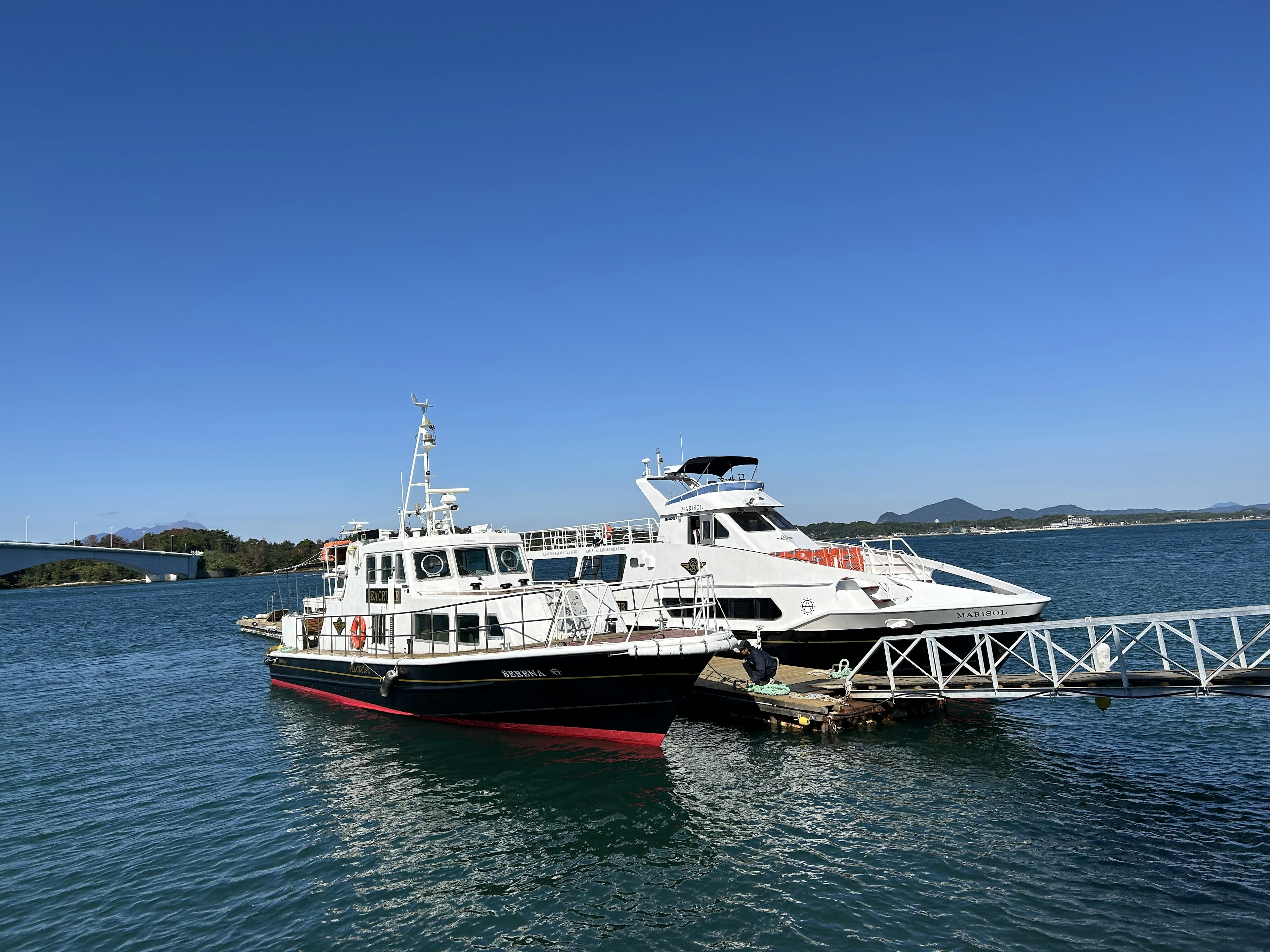 Two boats docked at a pier under a clear blue sky