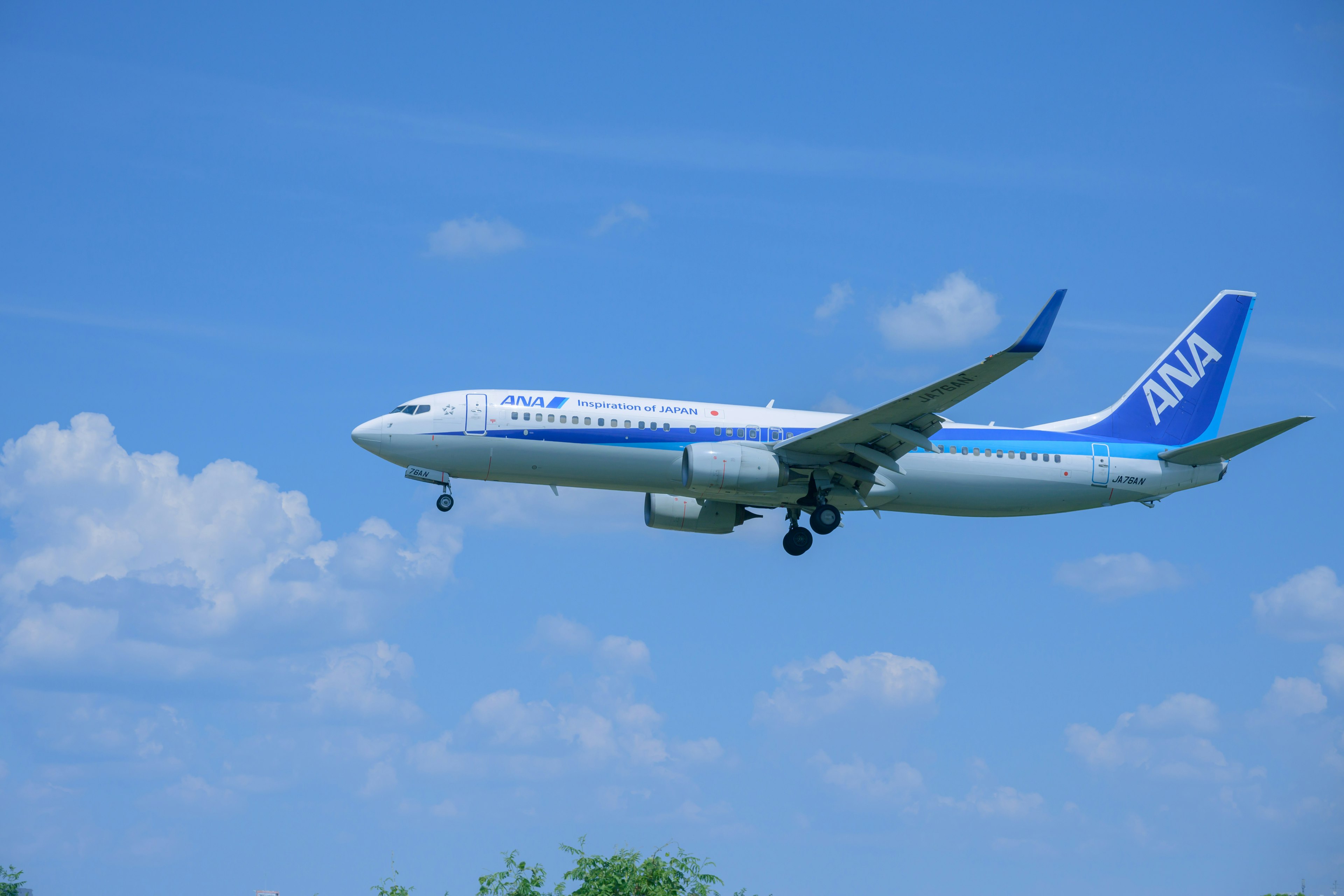 Aereo ANA che vola sotto un cielo blu chiaro