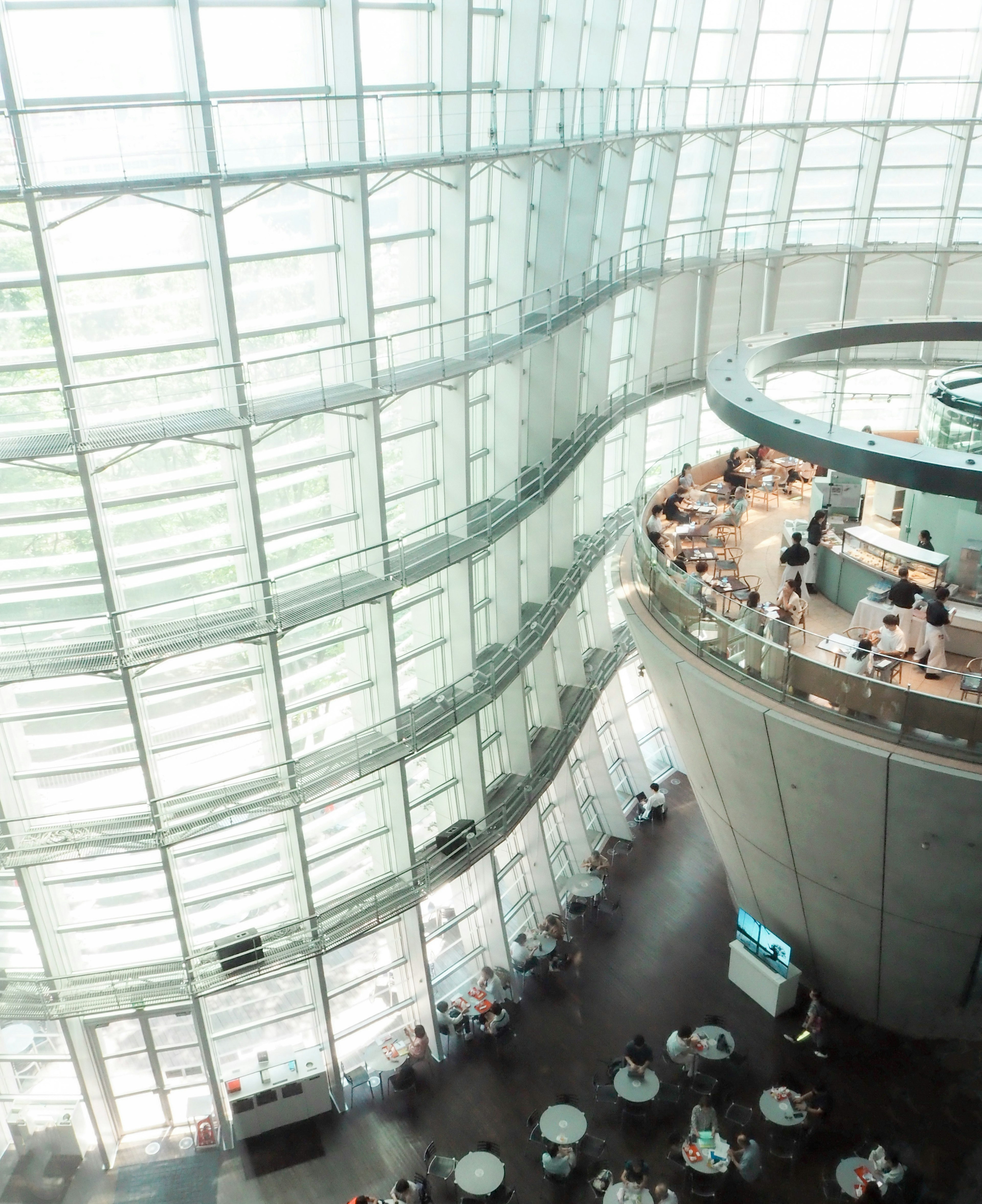 Interior design of a modern glass building featuring a cafe space with numerous tables and chairs