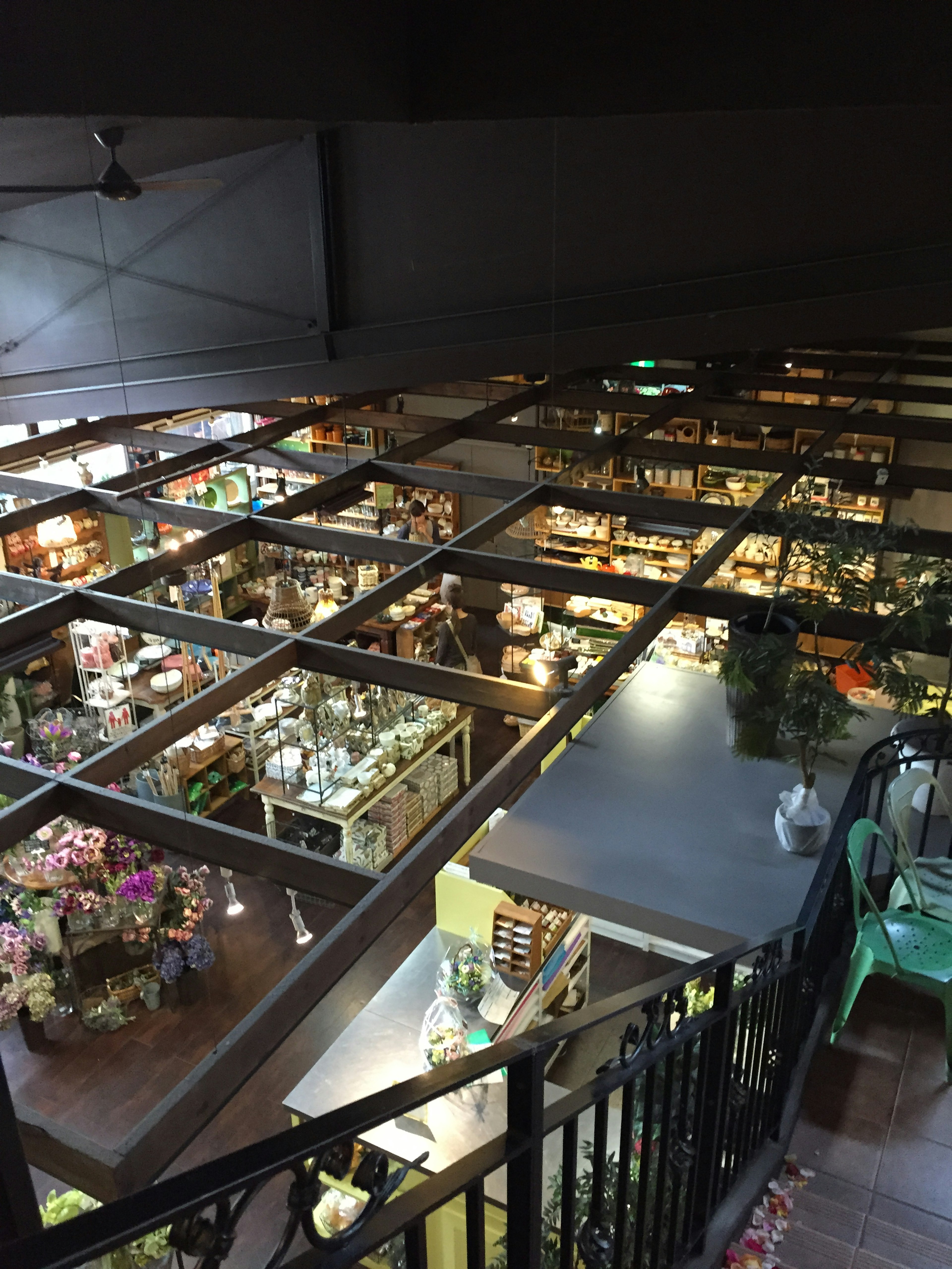 Une vue d'en haut montrant un magasin rempli de divers biens et décorations