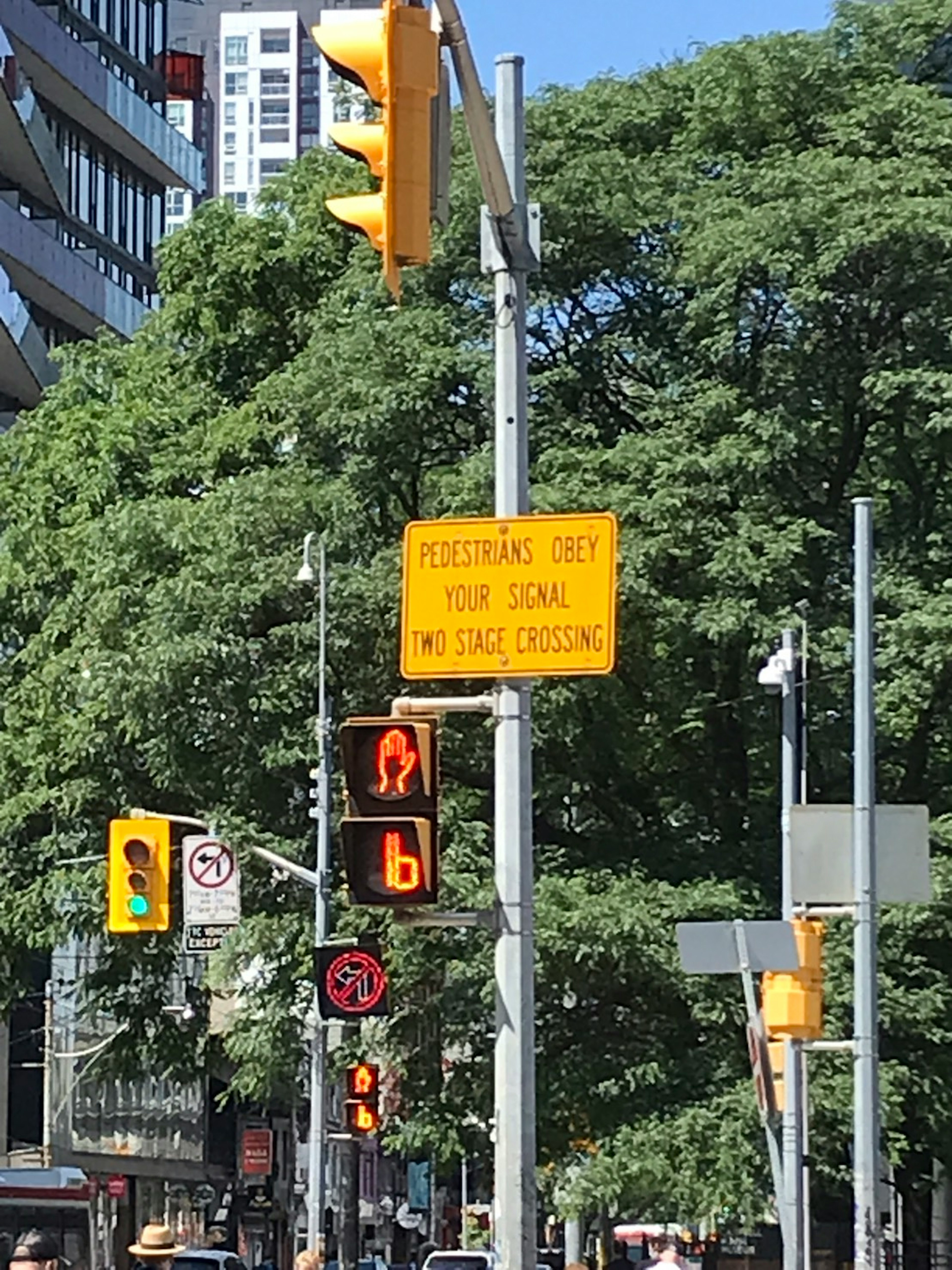 Intersection featuring pedestrian-only signal and road signs