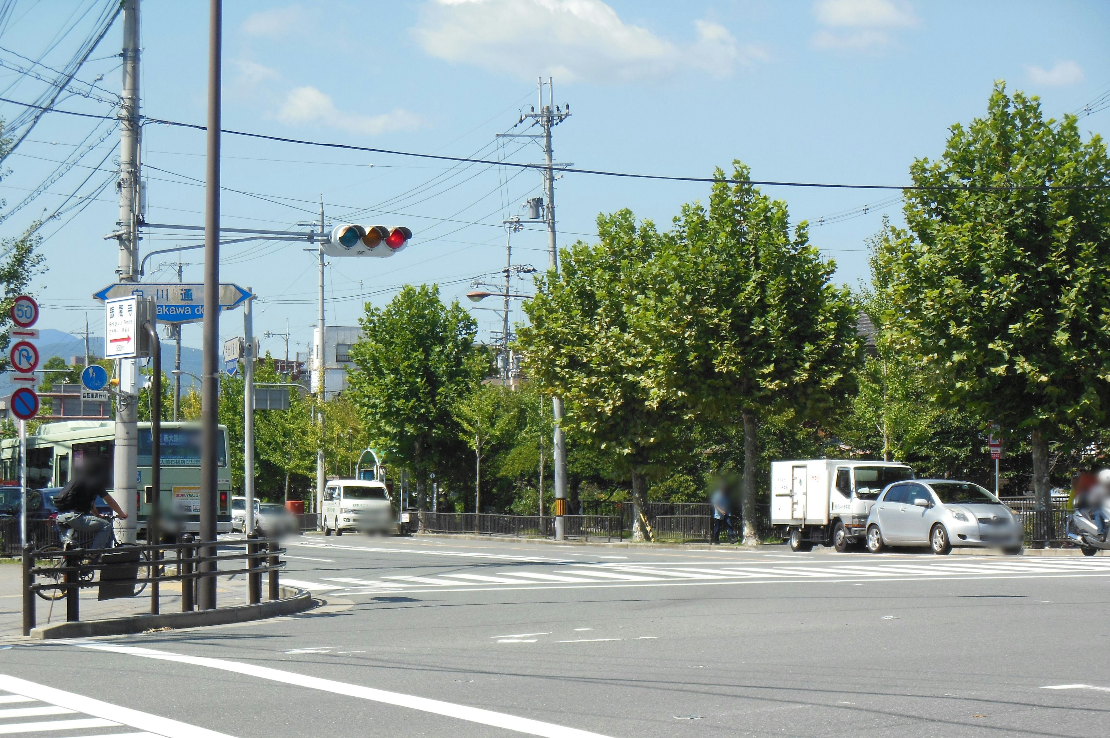 City corner scene under blue sky featuring green trees and traffic lights