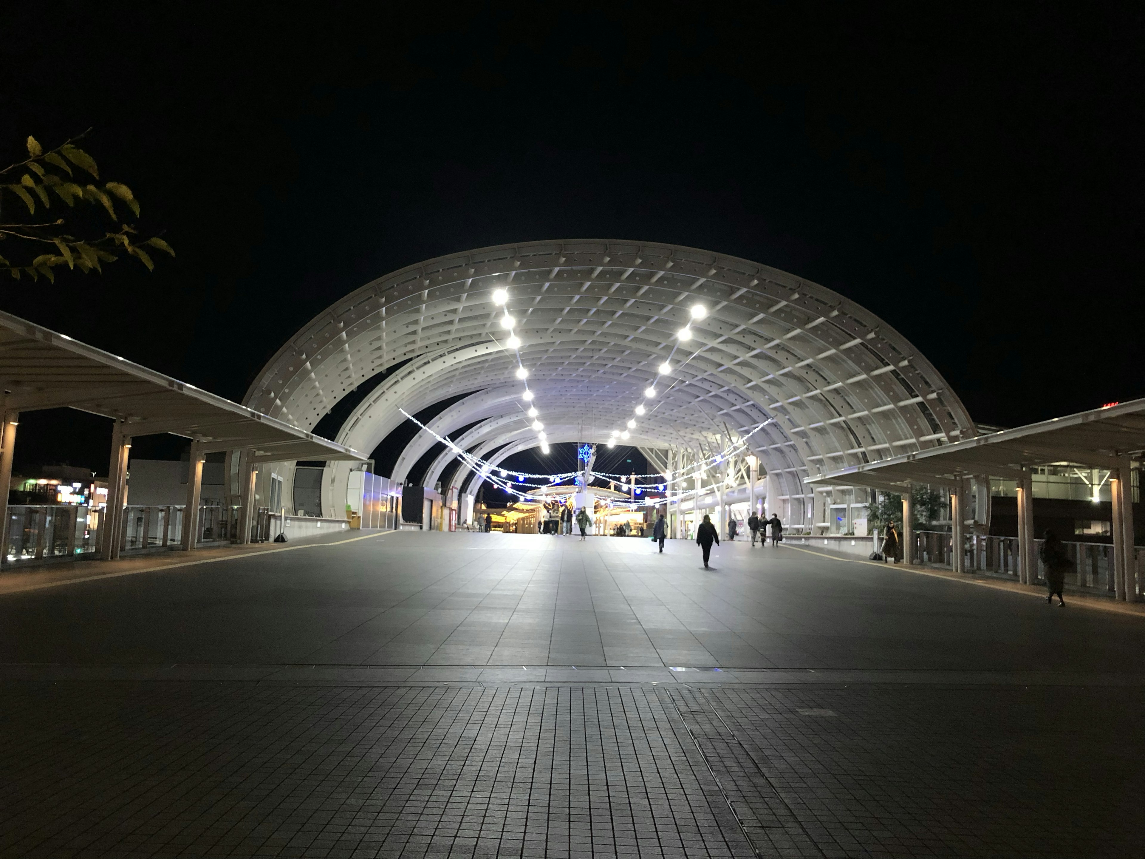 夜の駅の屋根の構造が美しい広場