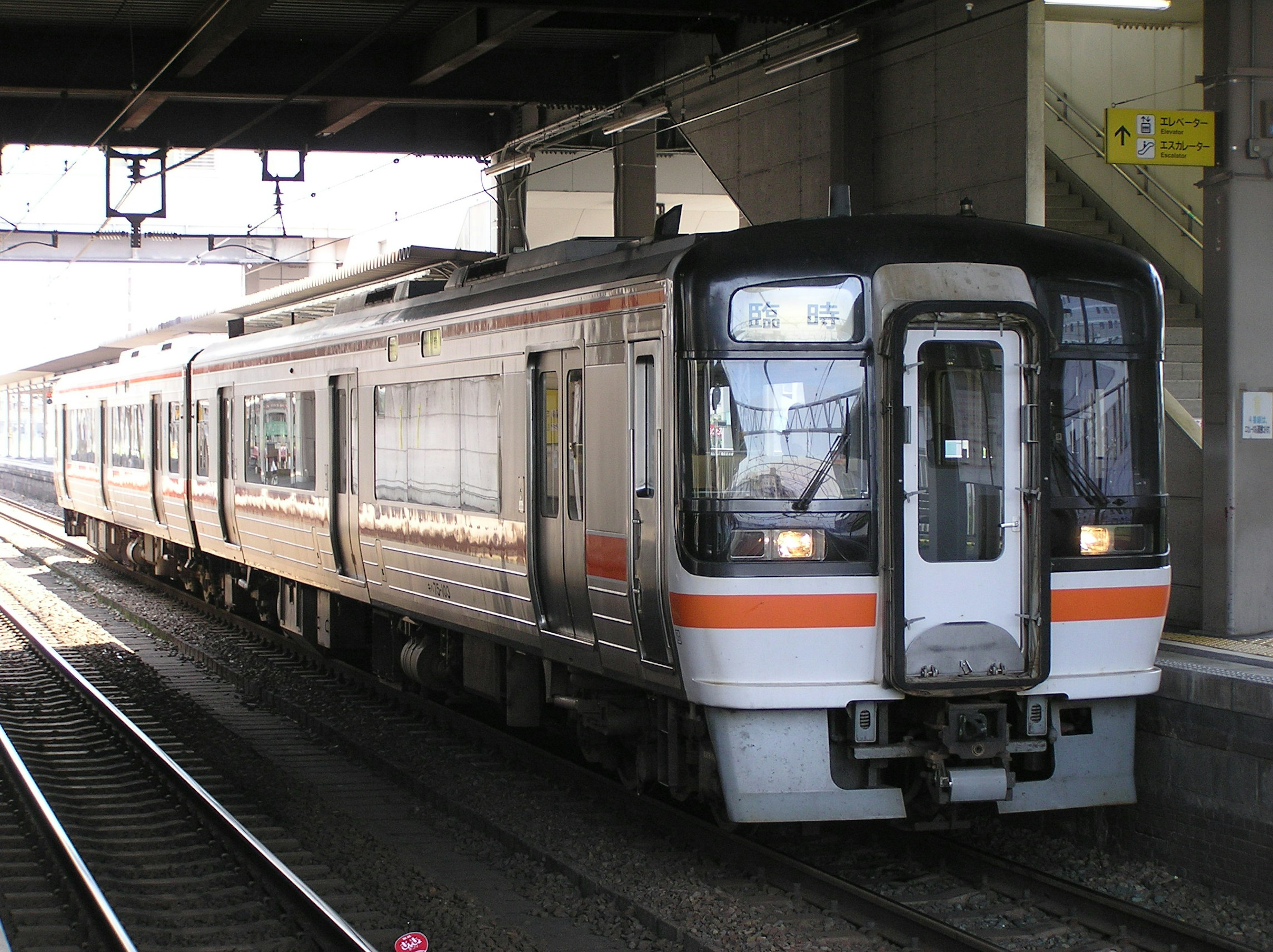 Moderner Zug, der am Bahnsteig hält und sein einzigartiges Design zeigt