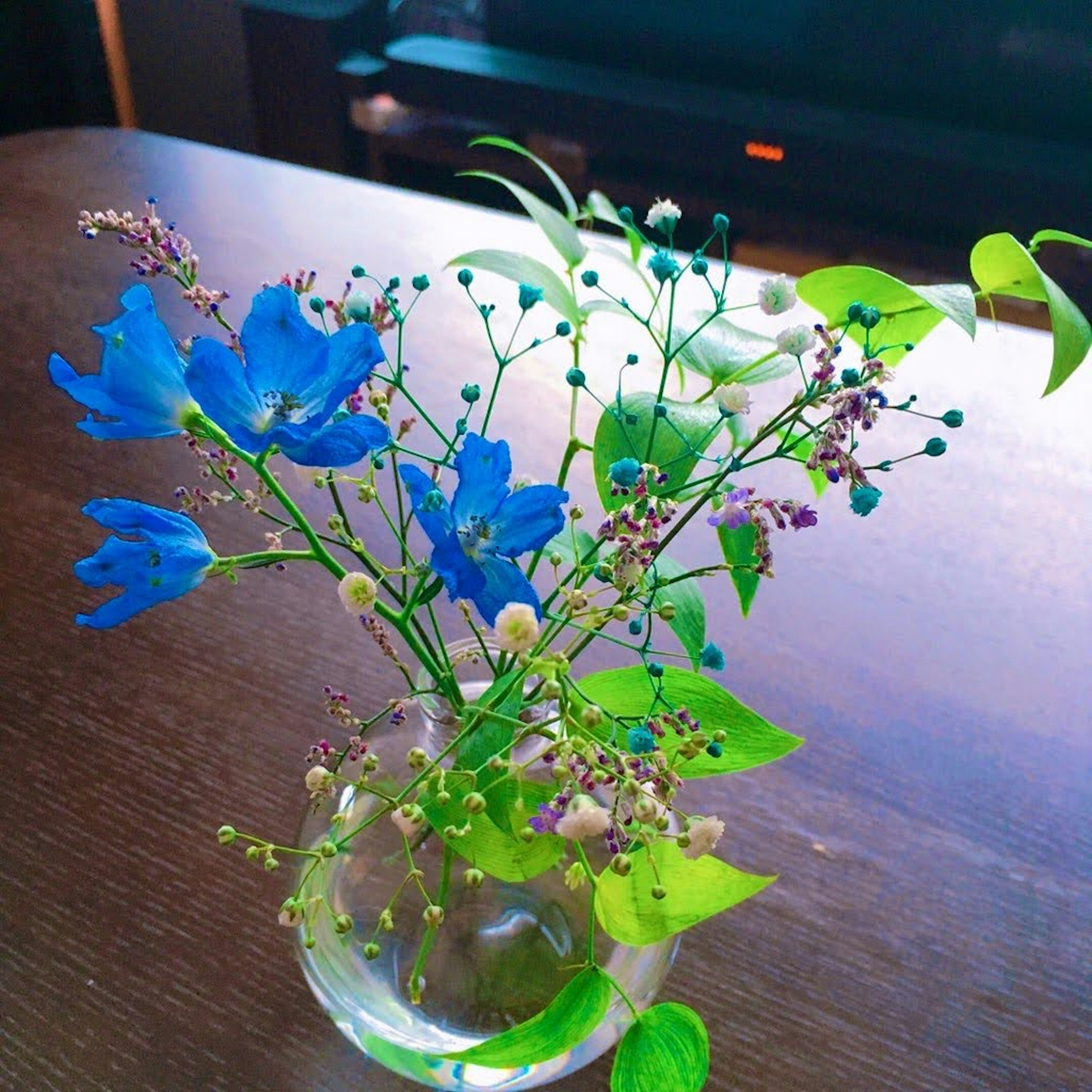 Vaso di vetro con fiori blu e foglie verdi