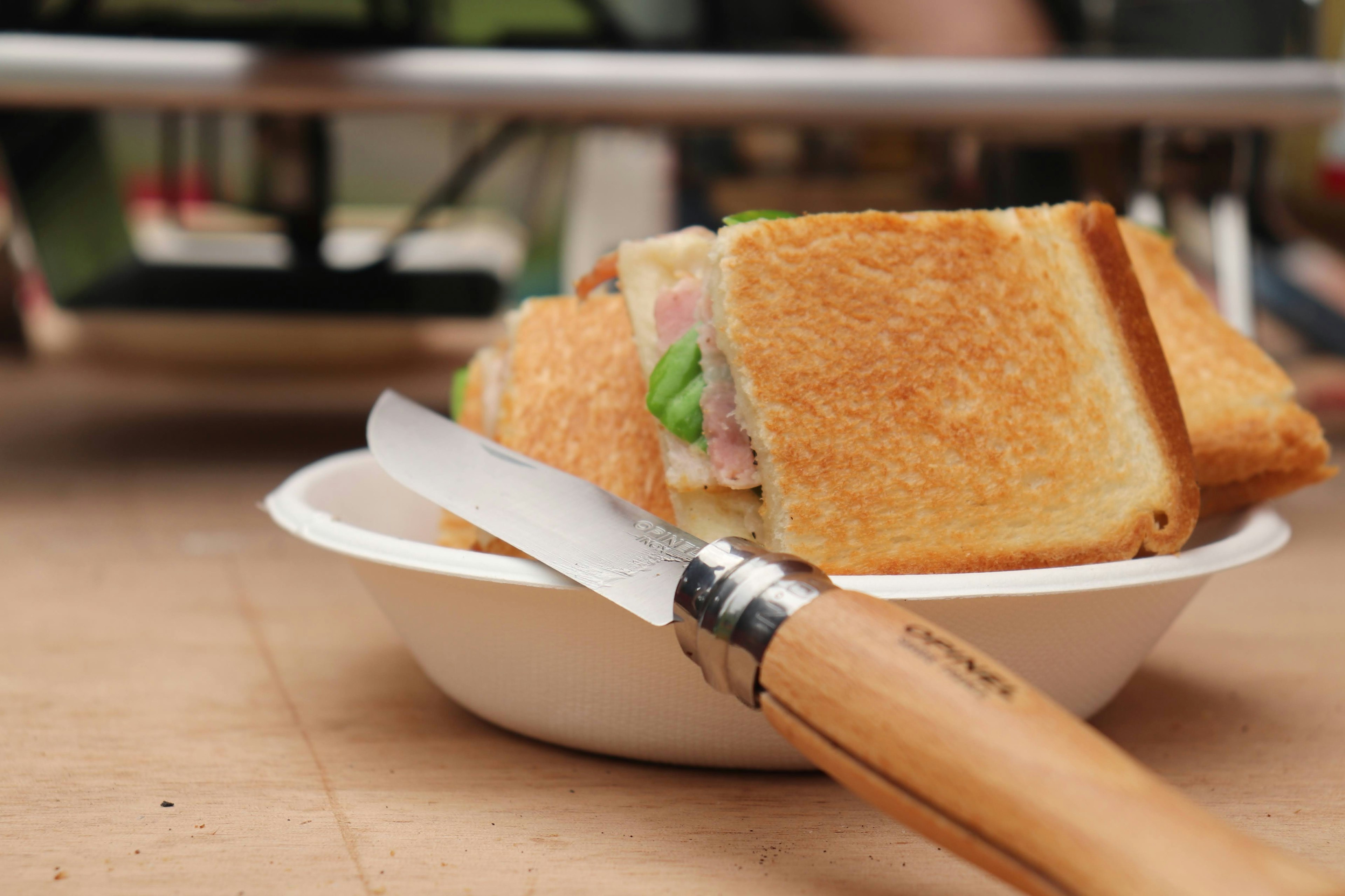 Freshly toasted sandwich with a knife on a plate