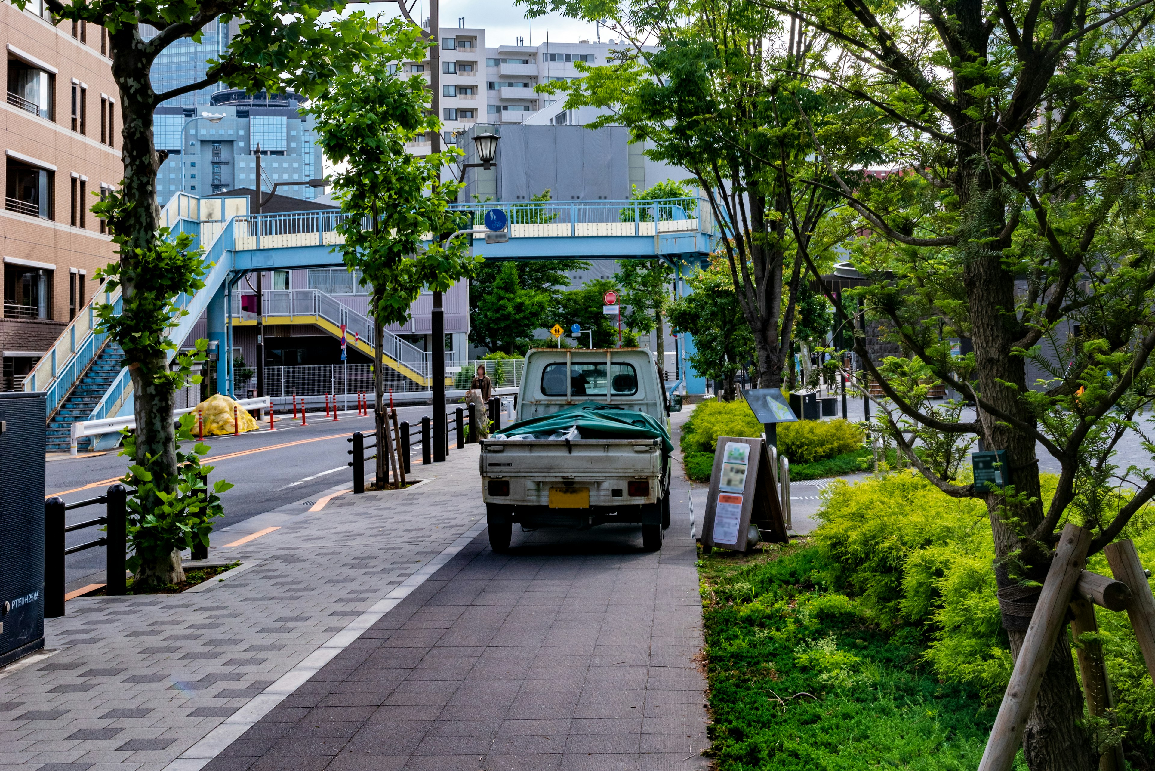 Truck parked on a green-lined street with surrounding buildings