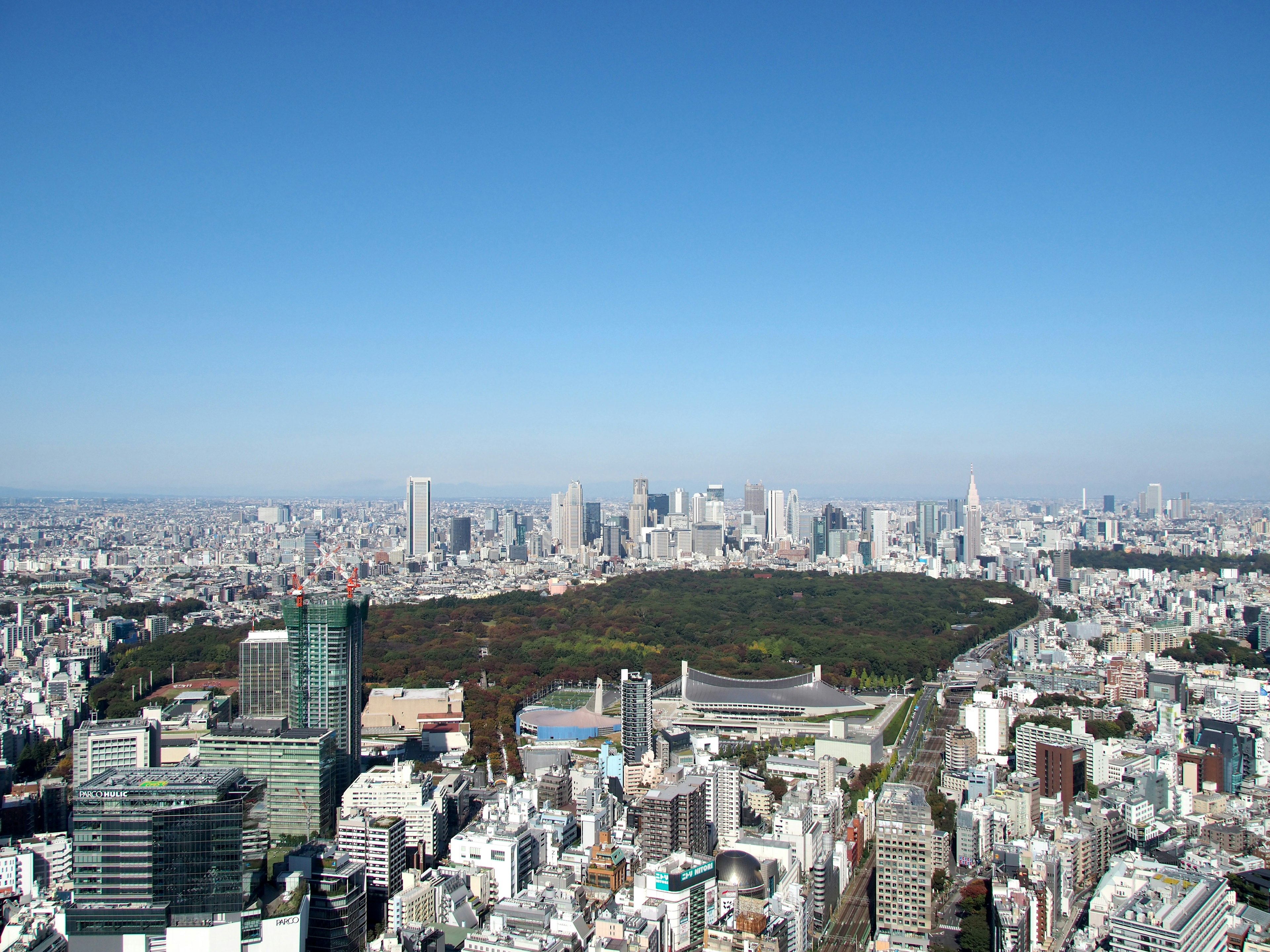 Pemandangan luas kota Tokyo dengan taman hijau