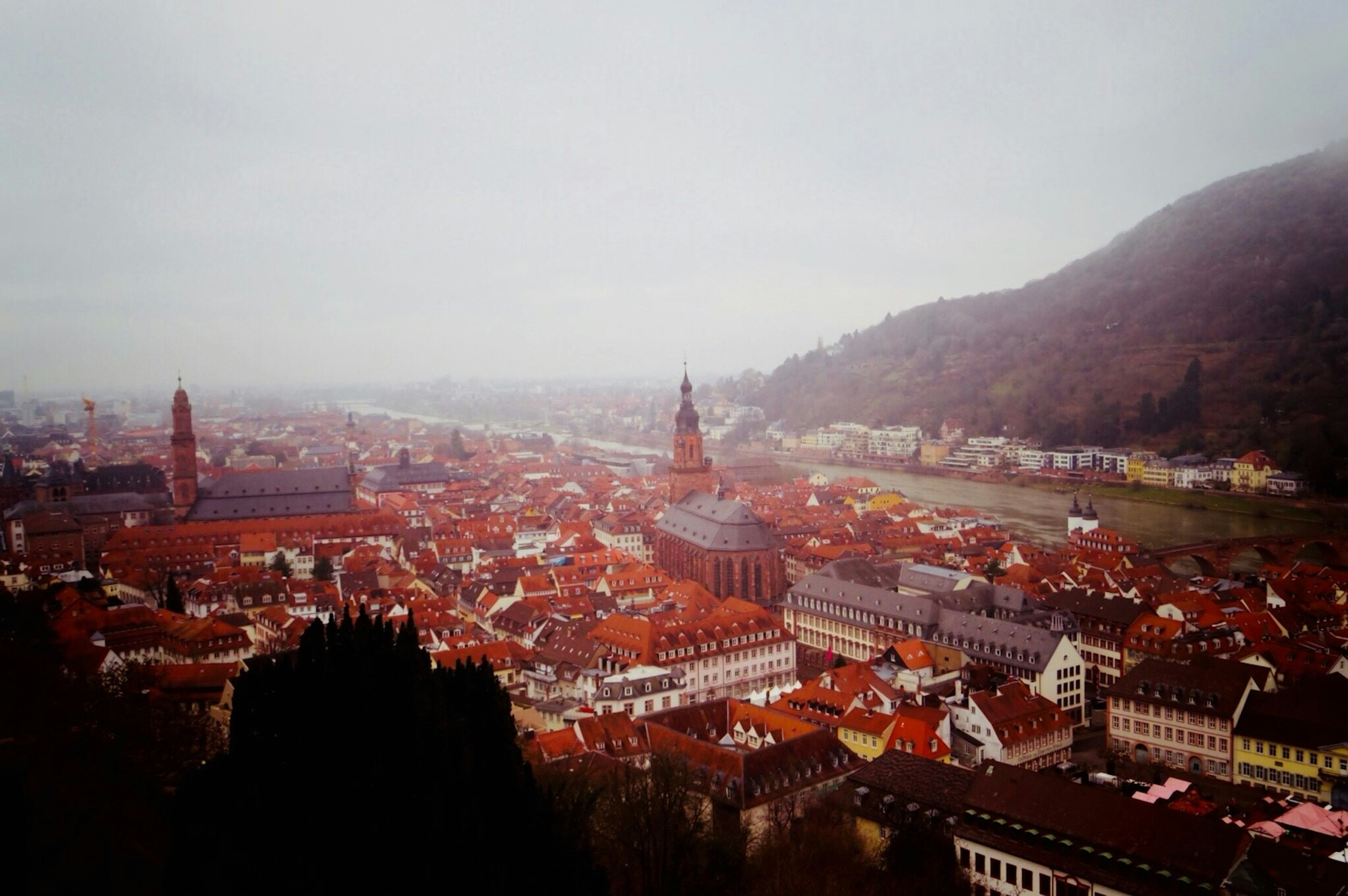 Vista nebbiosa di Heidelberg con edifici a tetto rosso e montagne