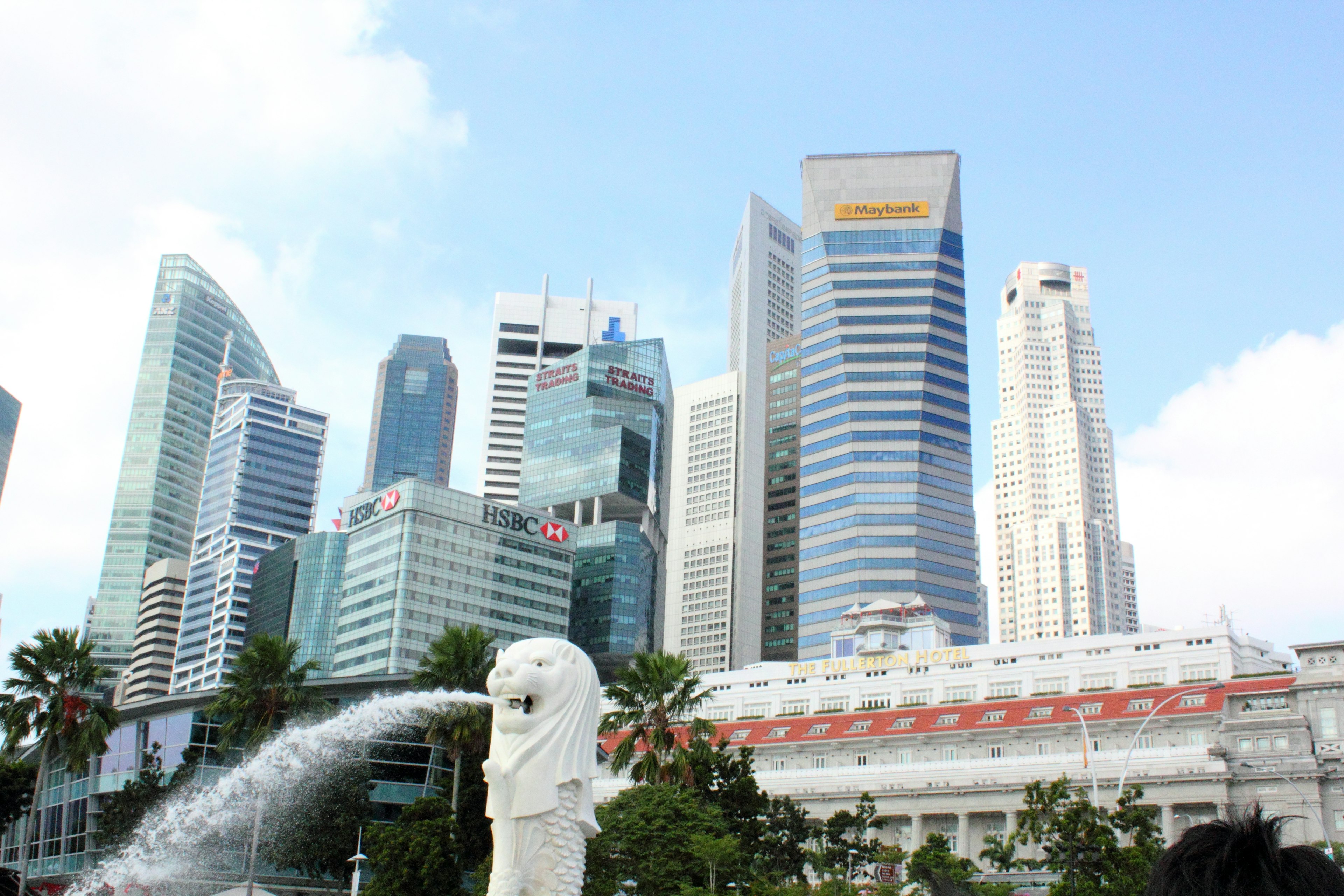 Marina Bay skyline in Singapore featuring modern skyscrapers and Merlion statue