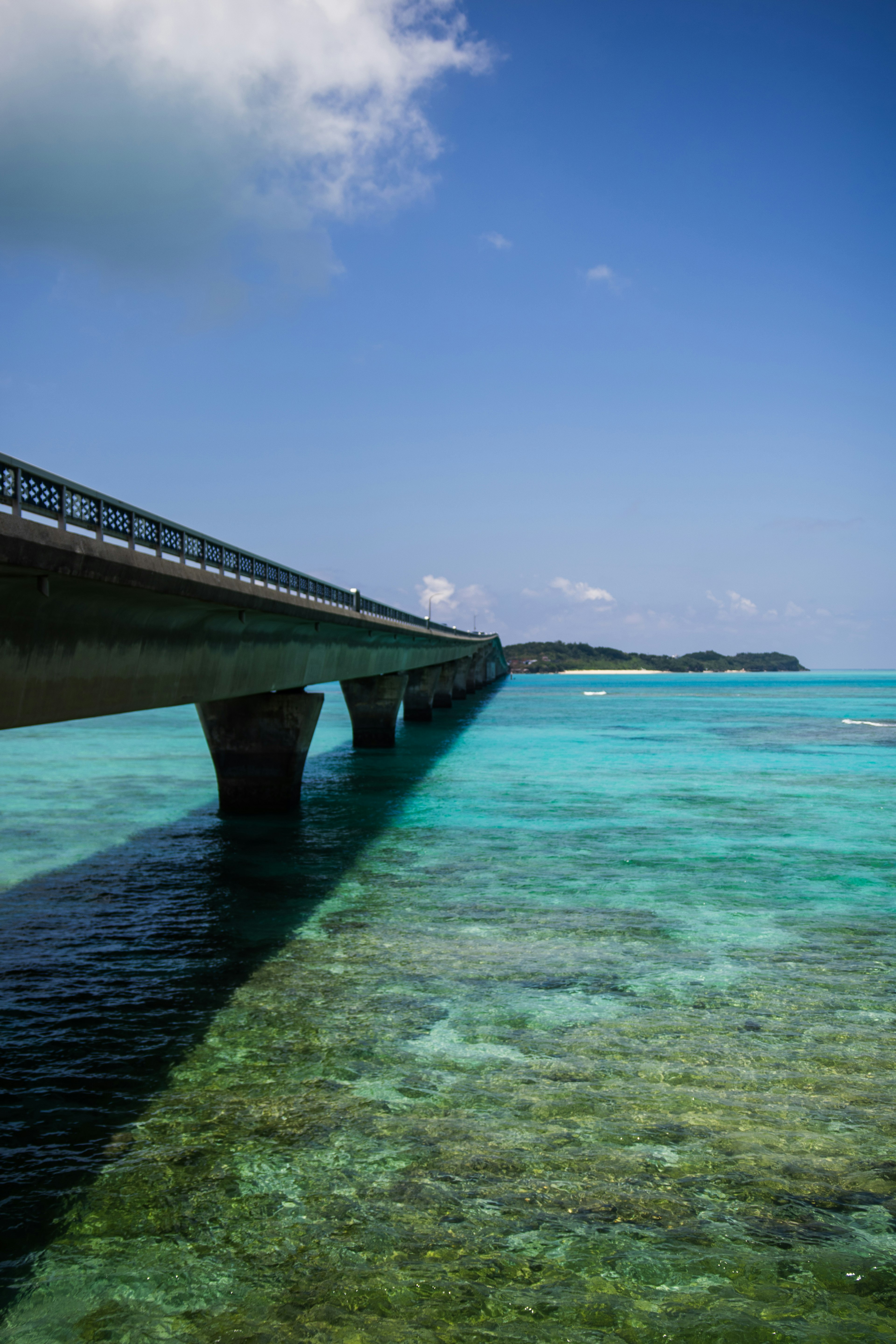 蓝色海洋的美丽景观，桥延伸在水面上，周围可见珊瑚礁