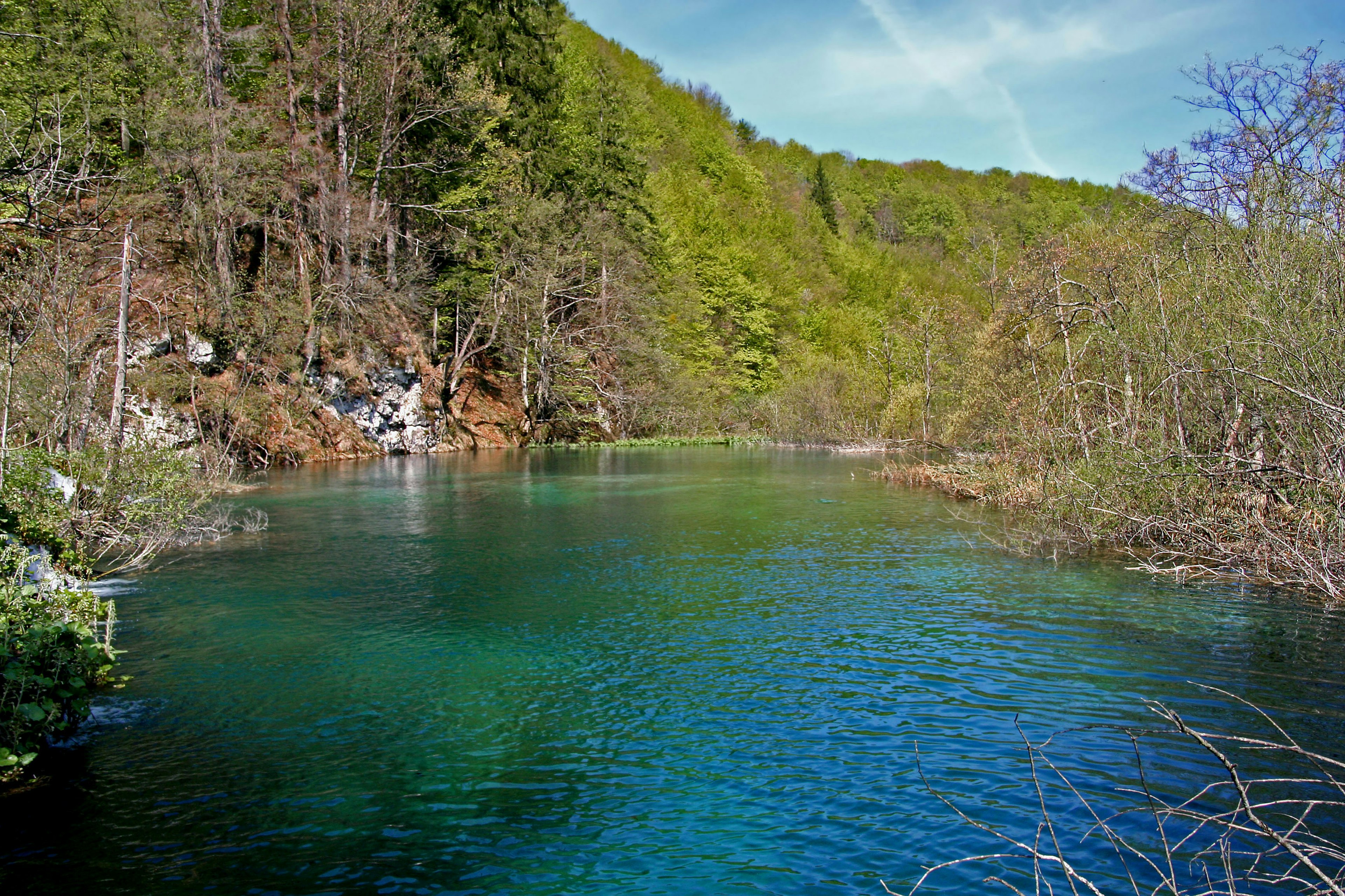 Vista escénica de un río claro rodeado de montañas verdes