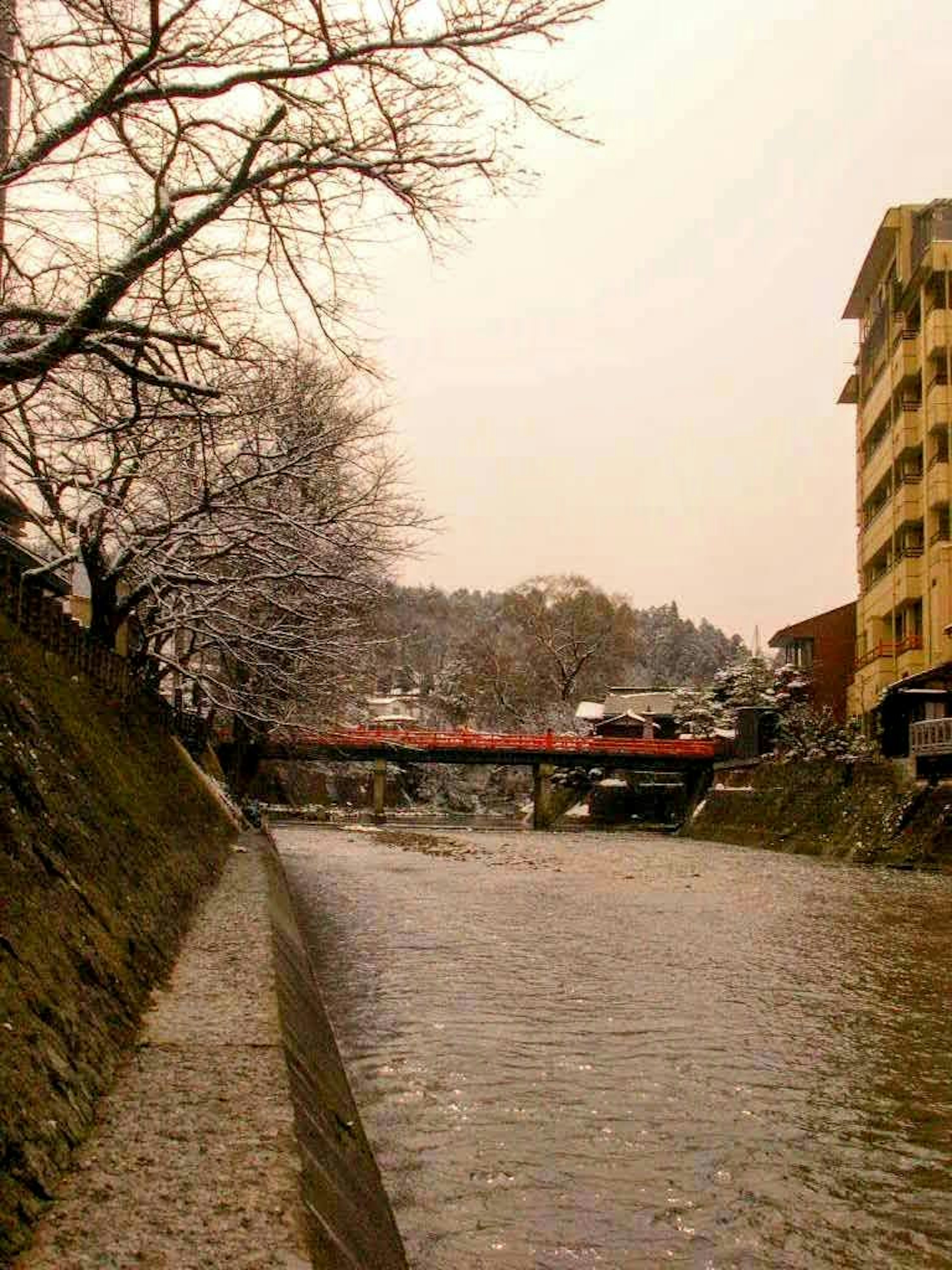 Pemandangan tenang sungai dengan pohon-pohon yang tertutup salju dan jembatan merah di kejauhan