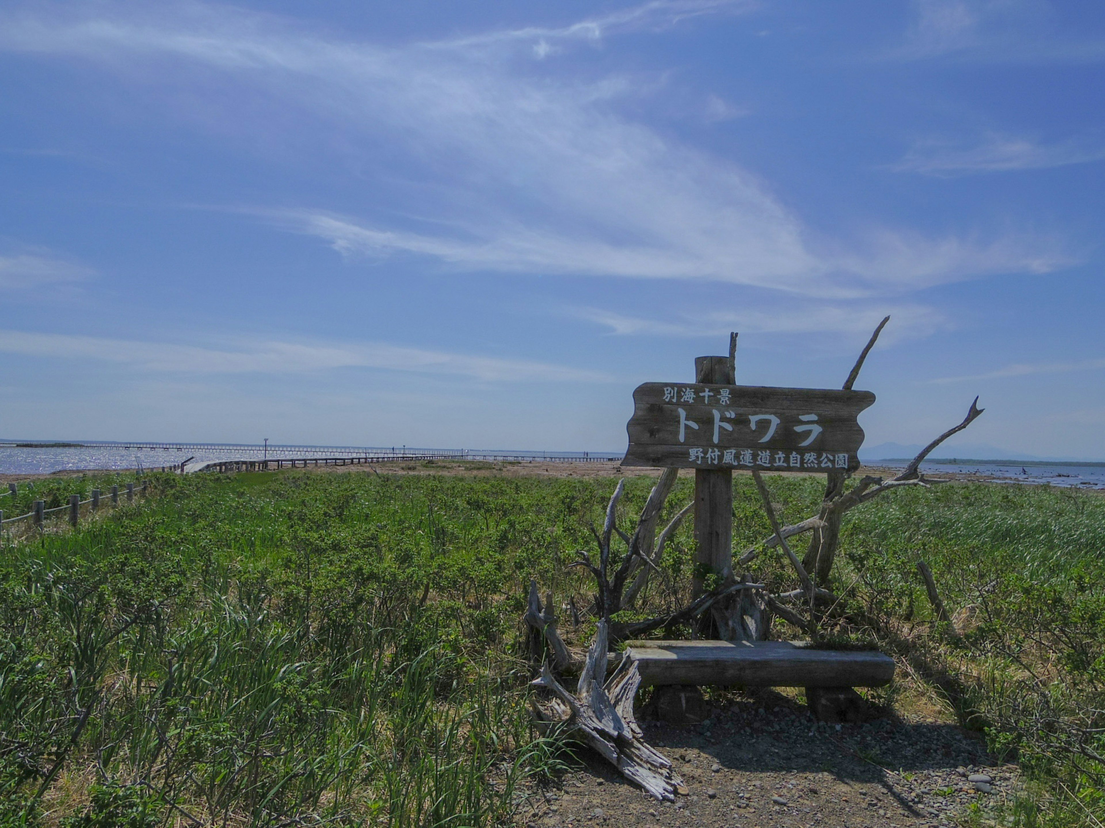 青空の下に広がる緑の草地と木製の標識