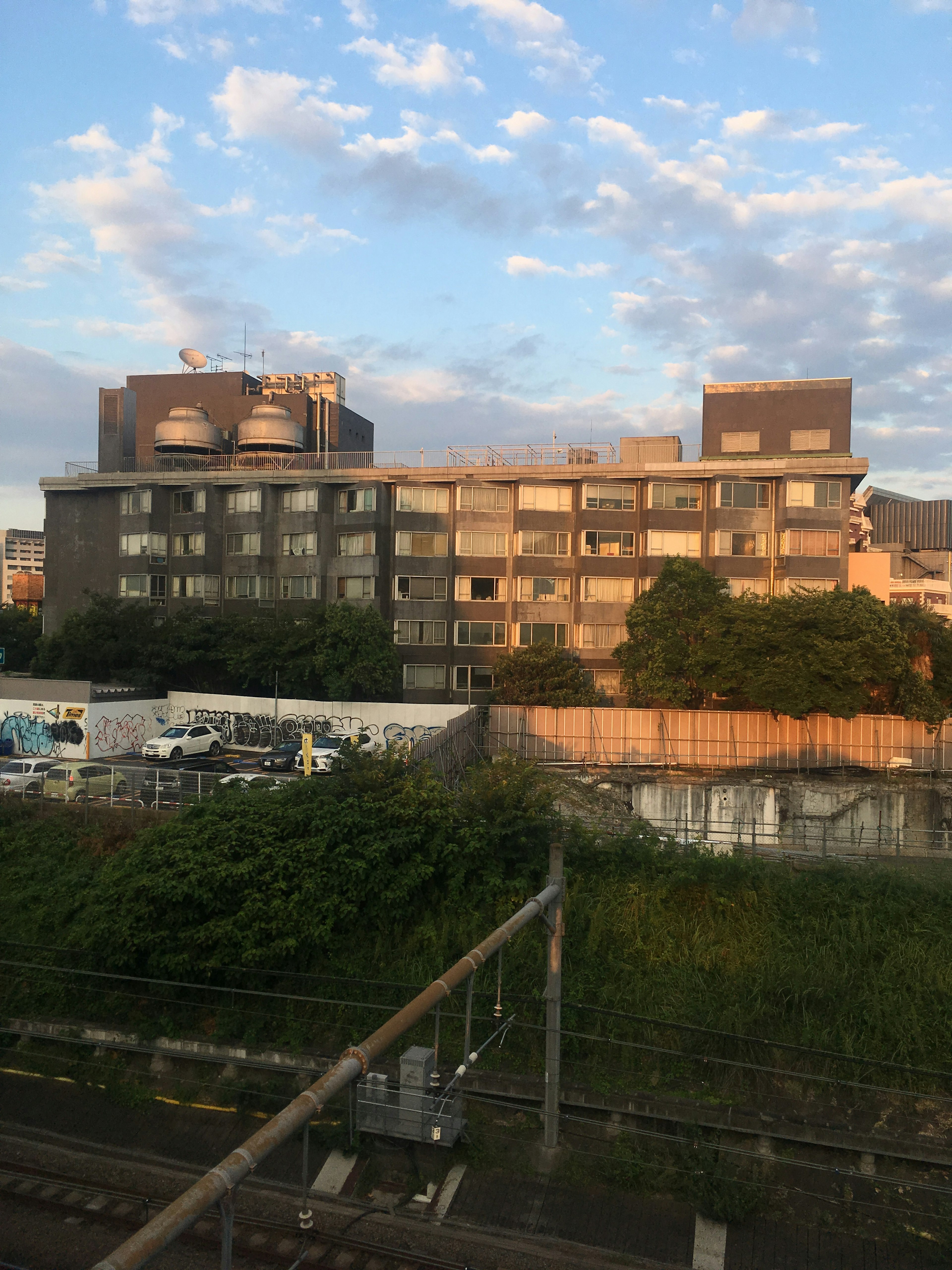 夕日が当たる古い建物と緑の草地