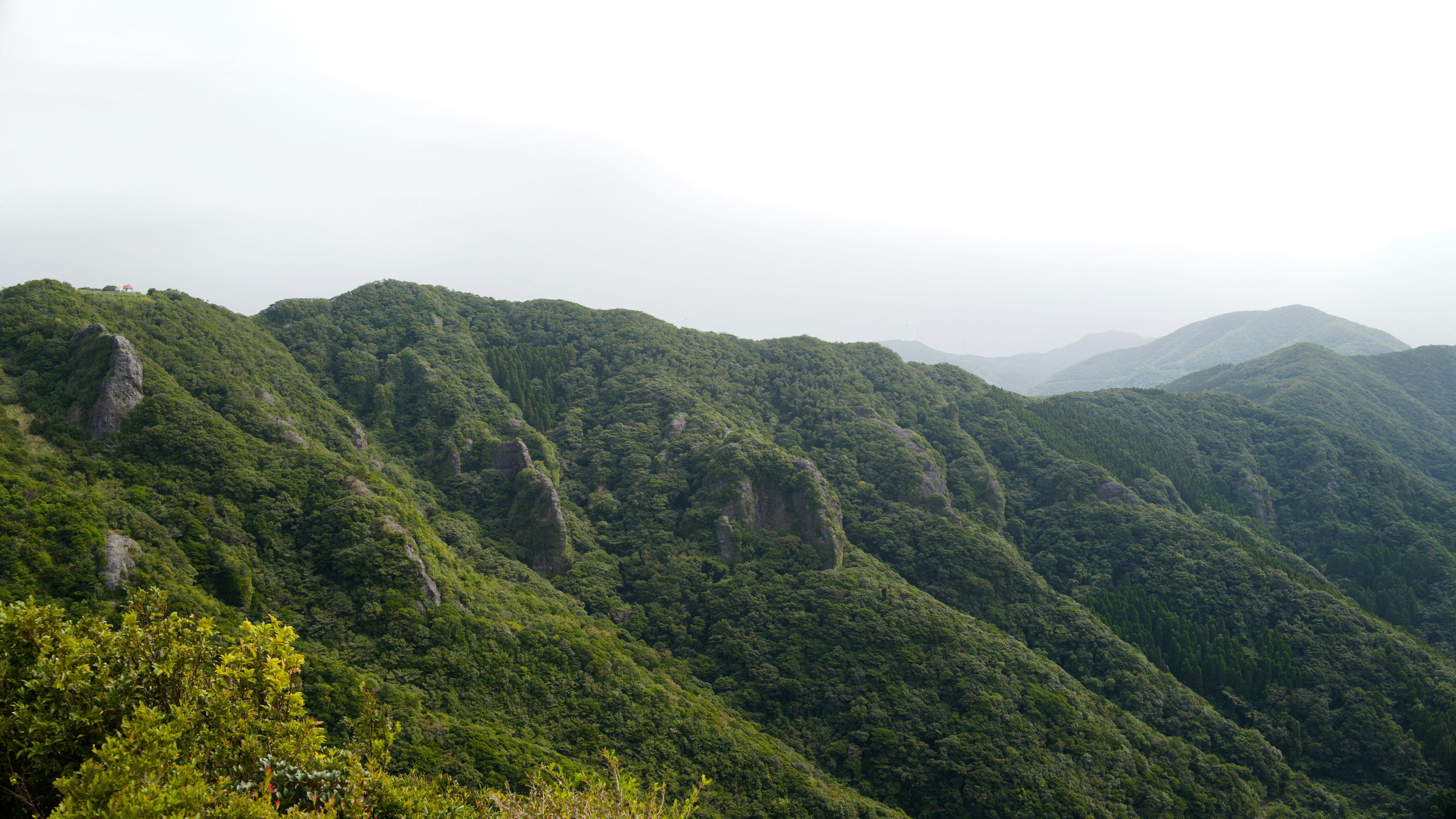 Lush green mountains with a misty sky