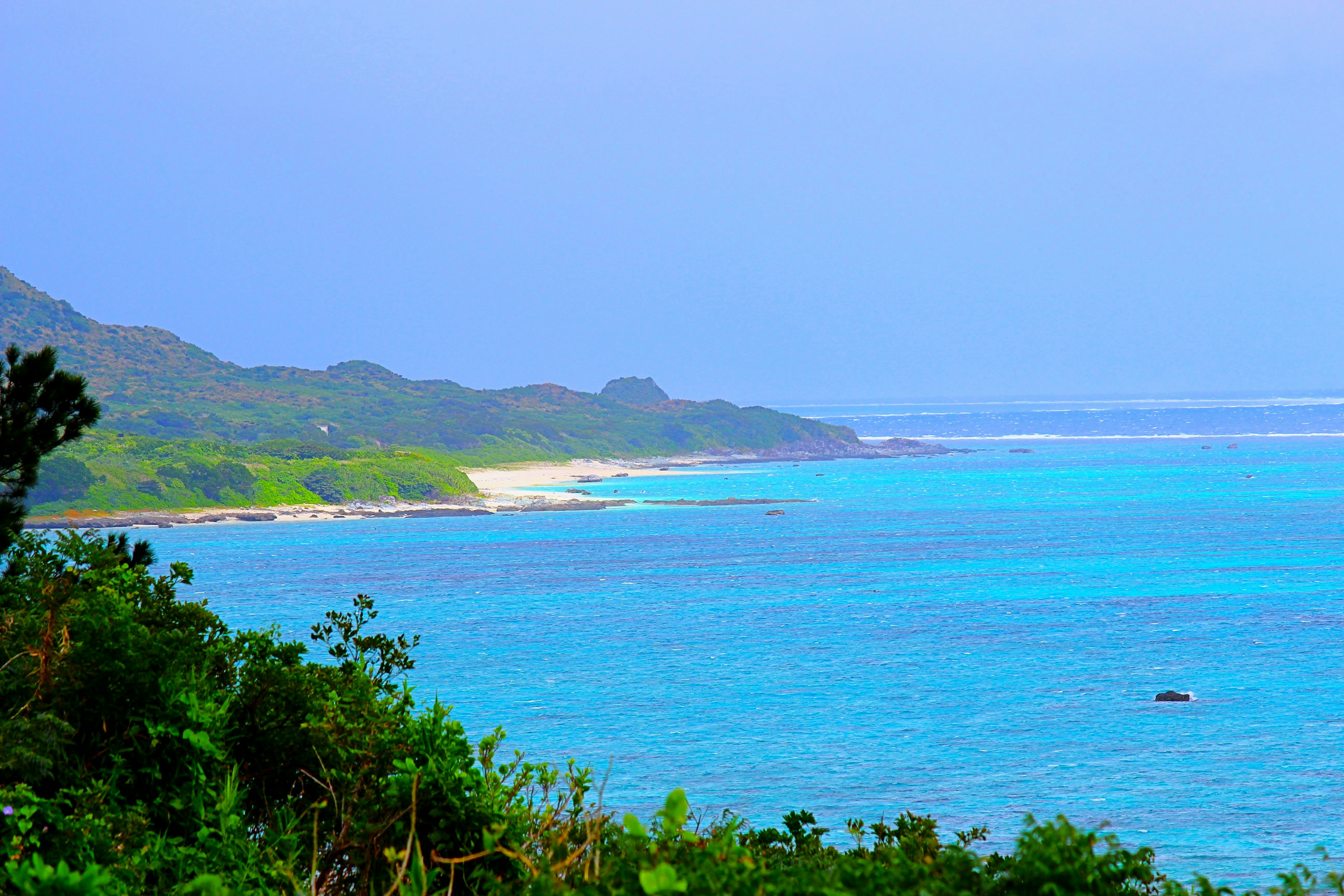 Malerscher Blick auf einen Strand mit türkisfarbenem Wasser und üppigem Grün