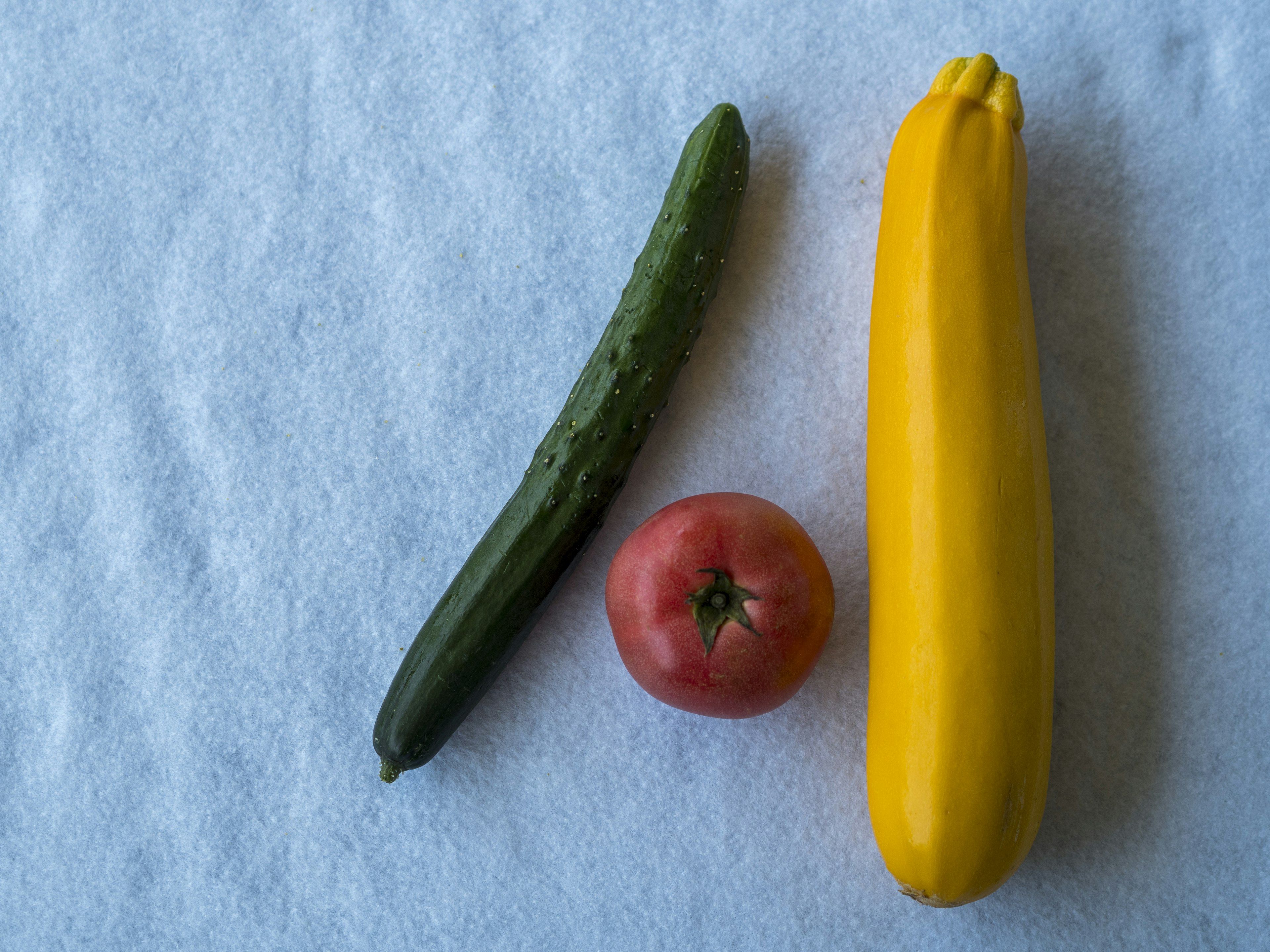 Bild mit einer grünen Gurke einer roten Tomate und einer gelben Zucchini auf einem hellen Hintergrund