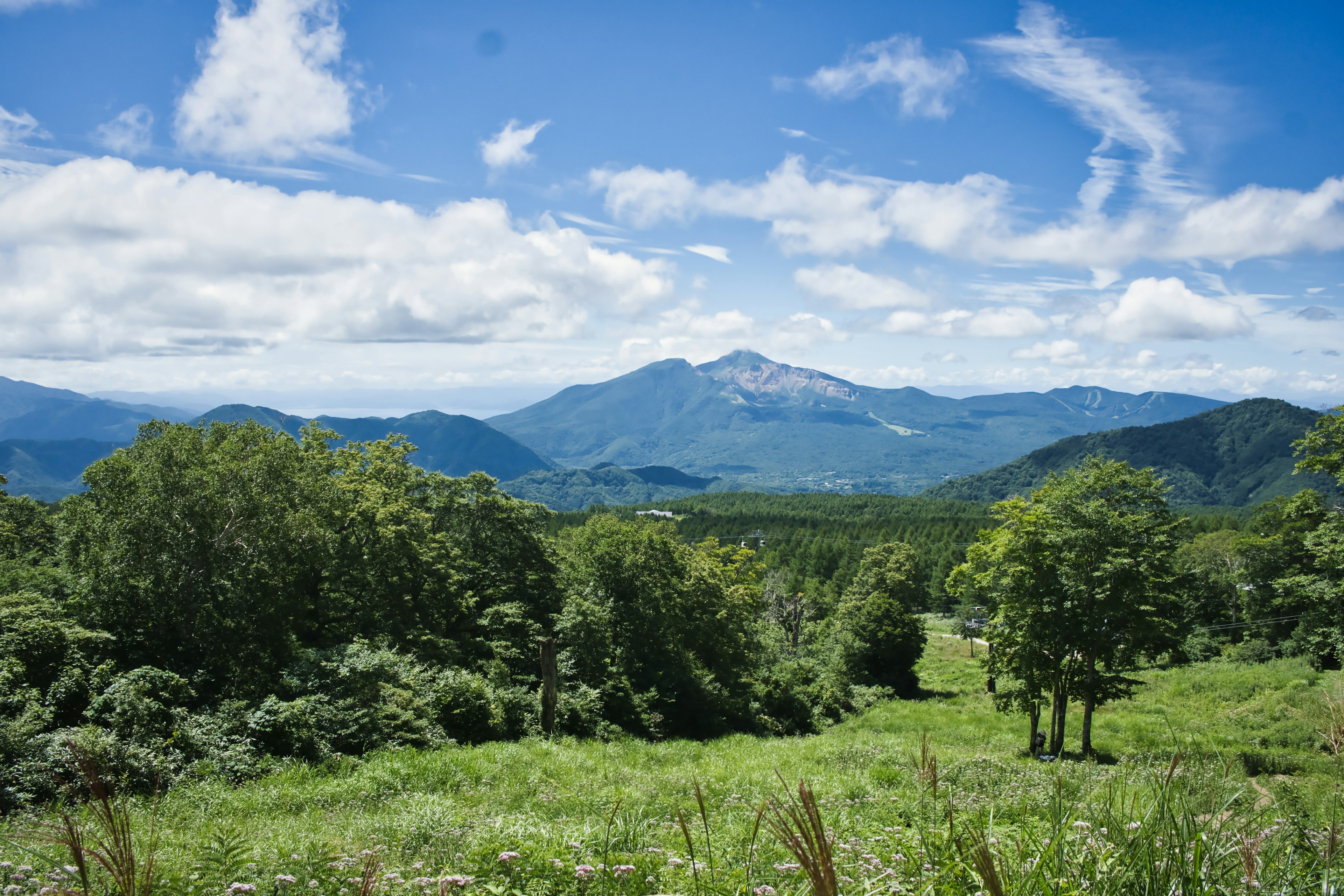 藍天下綠丘和山脈的風景