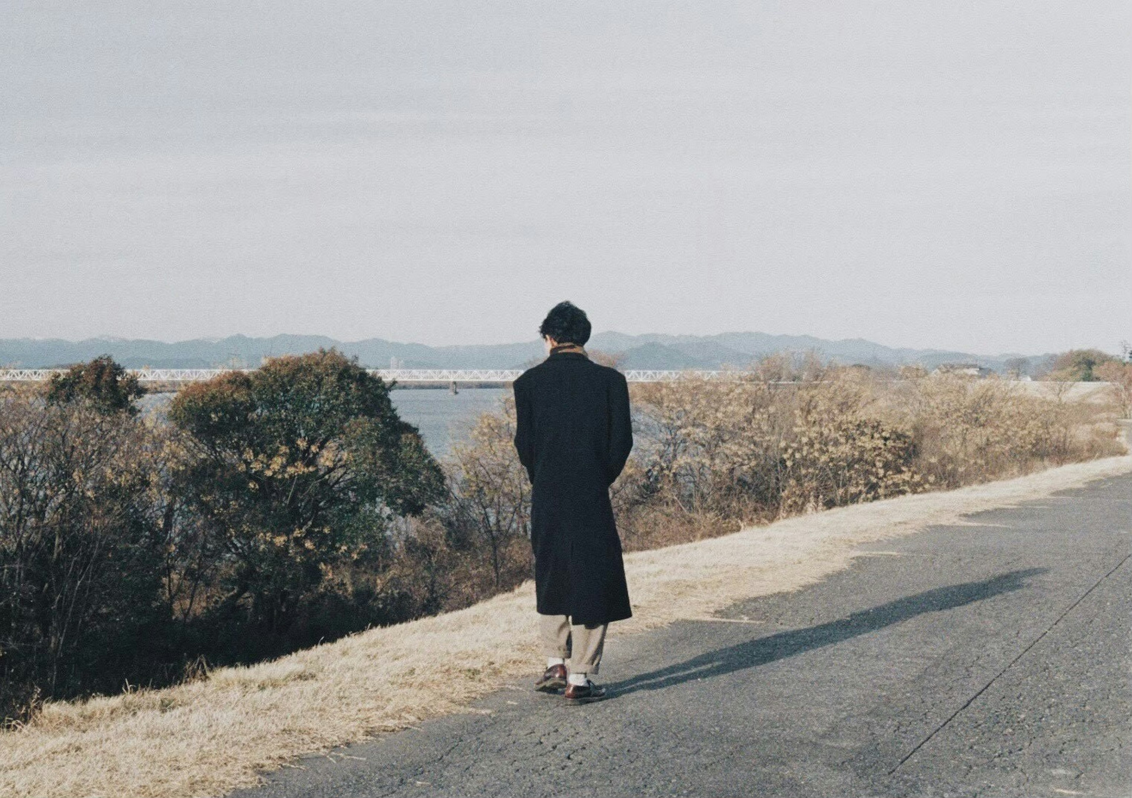 Person walking away in a winter landscape with cloudy sky