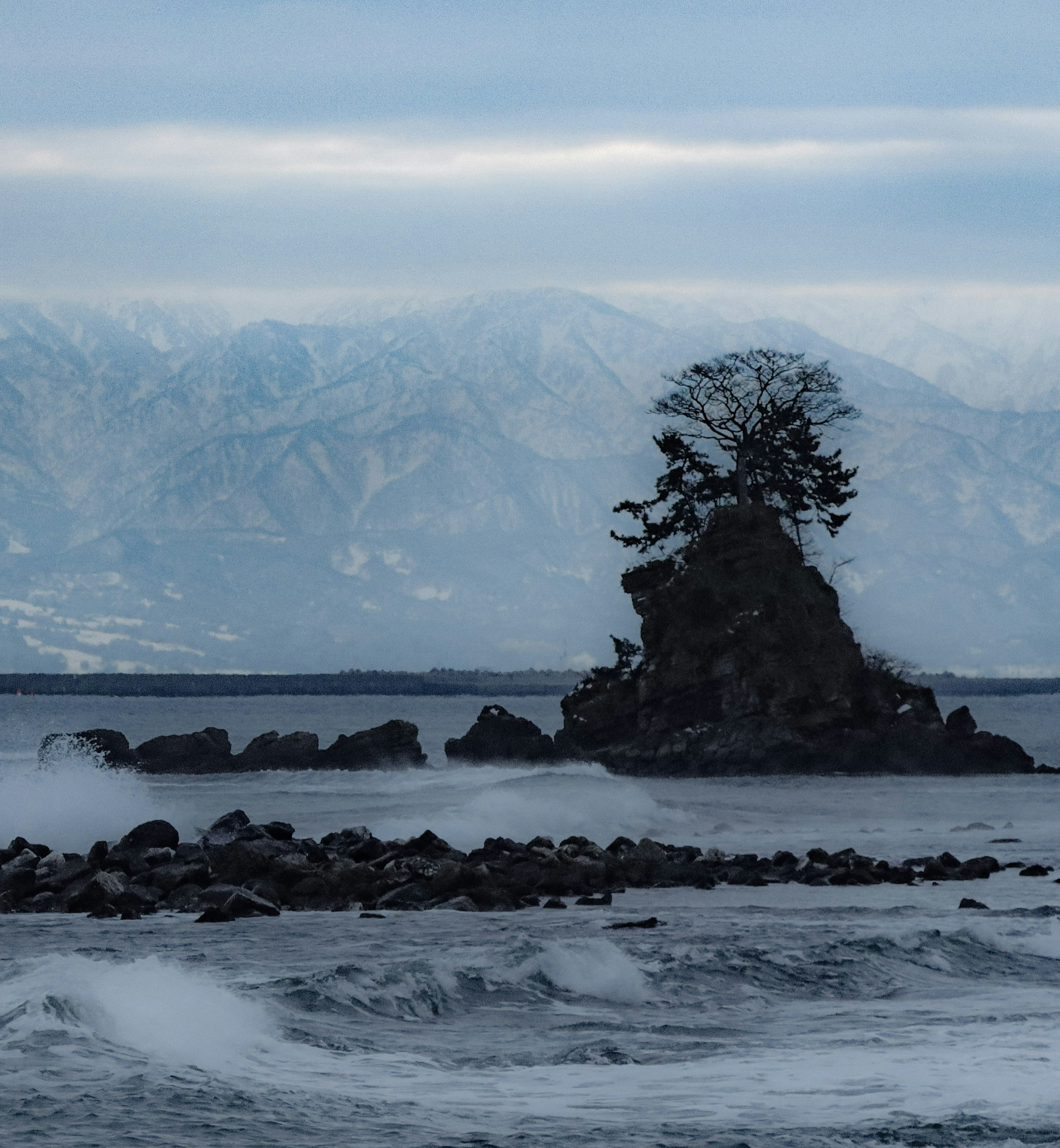 海に浮かぶ岩とその上に立つ木々の景色 降雪の山々を背景にした静かな海