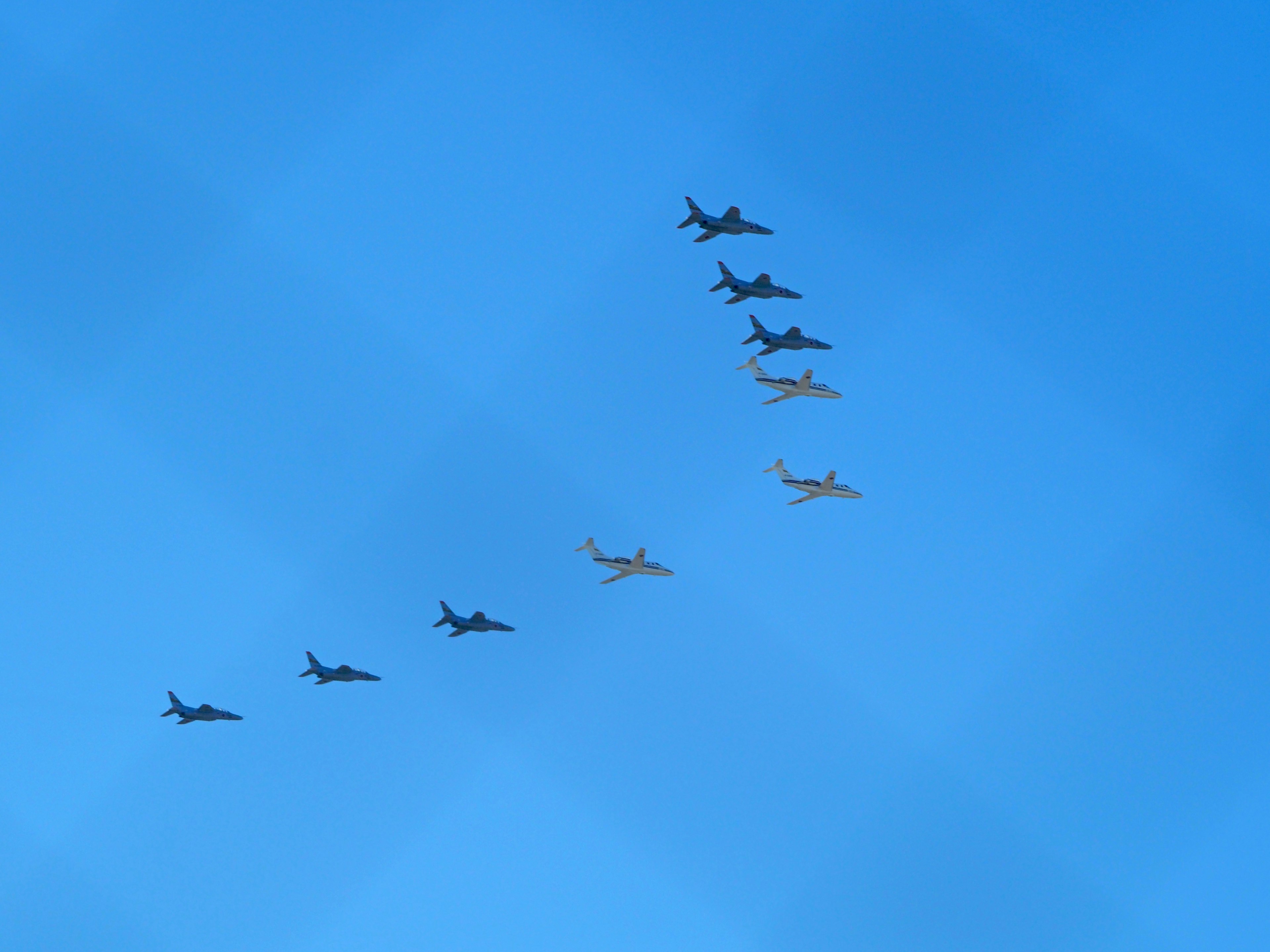 Formation mehrerer Kampfjets, die am blauen Himmel fliegen