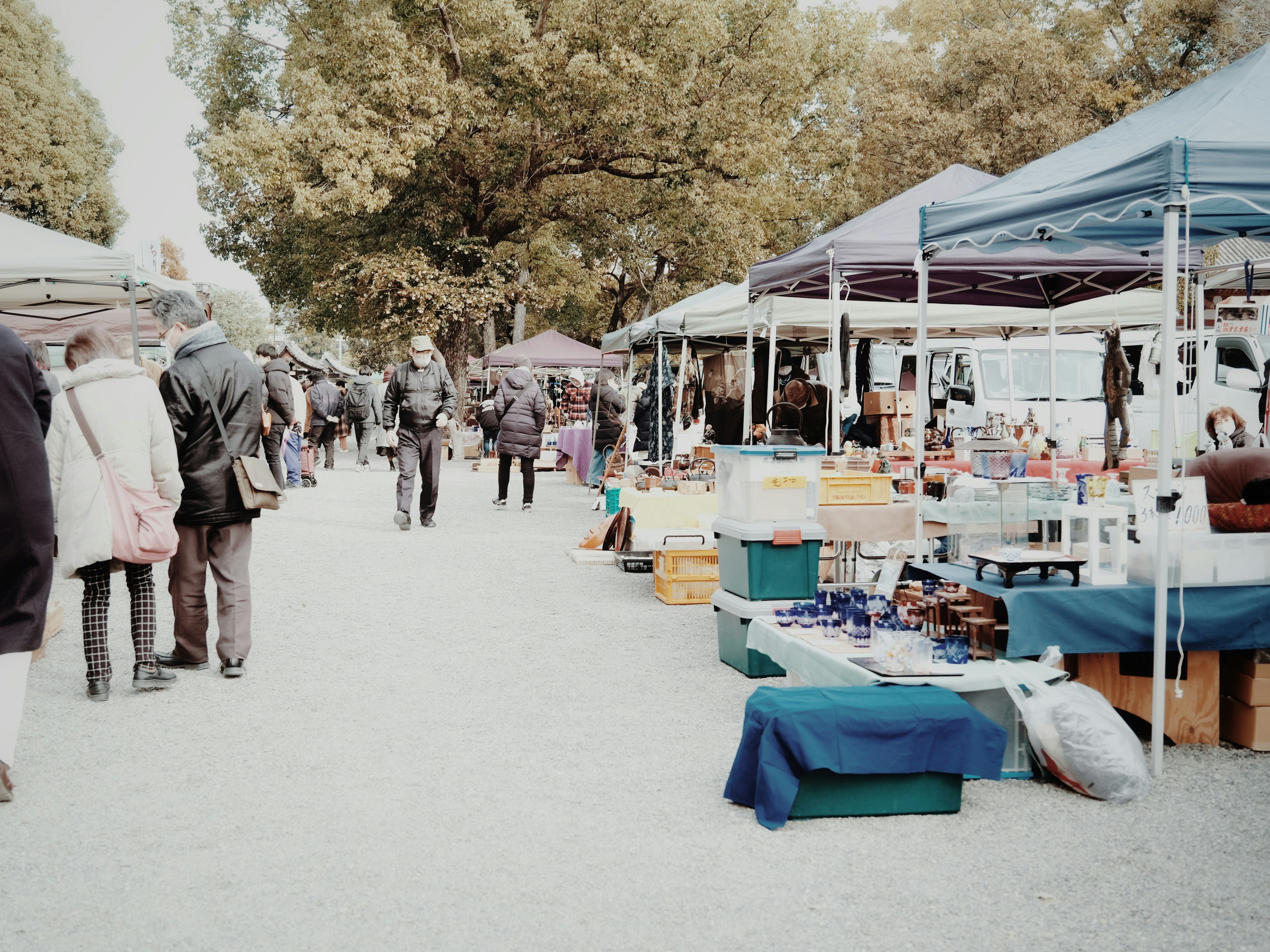 Escena de mercado al aire libre con personas caminando carpas y varios productos exhibidos